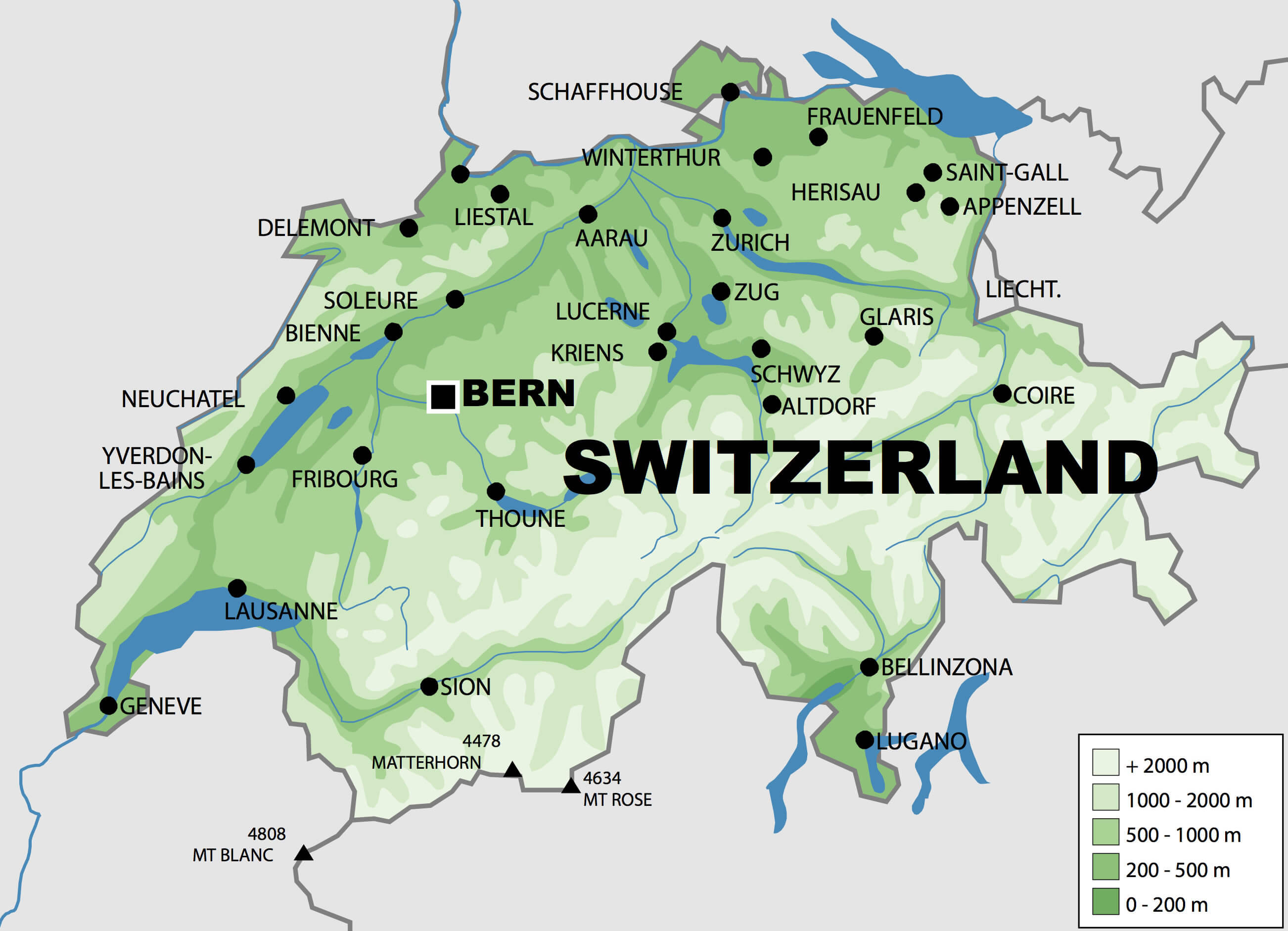 Switzerland cities physical map