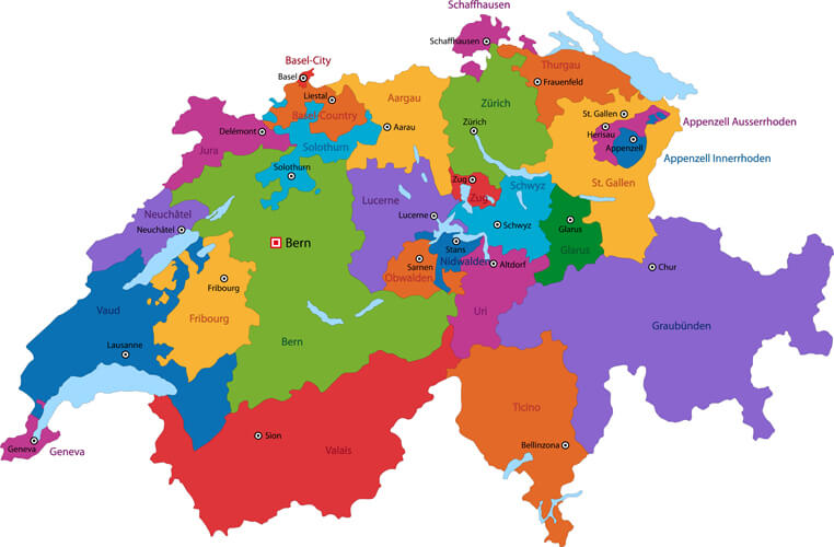 Switzerland colorful map with cantons