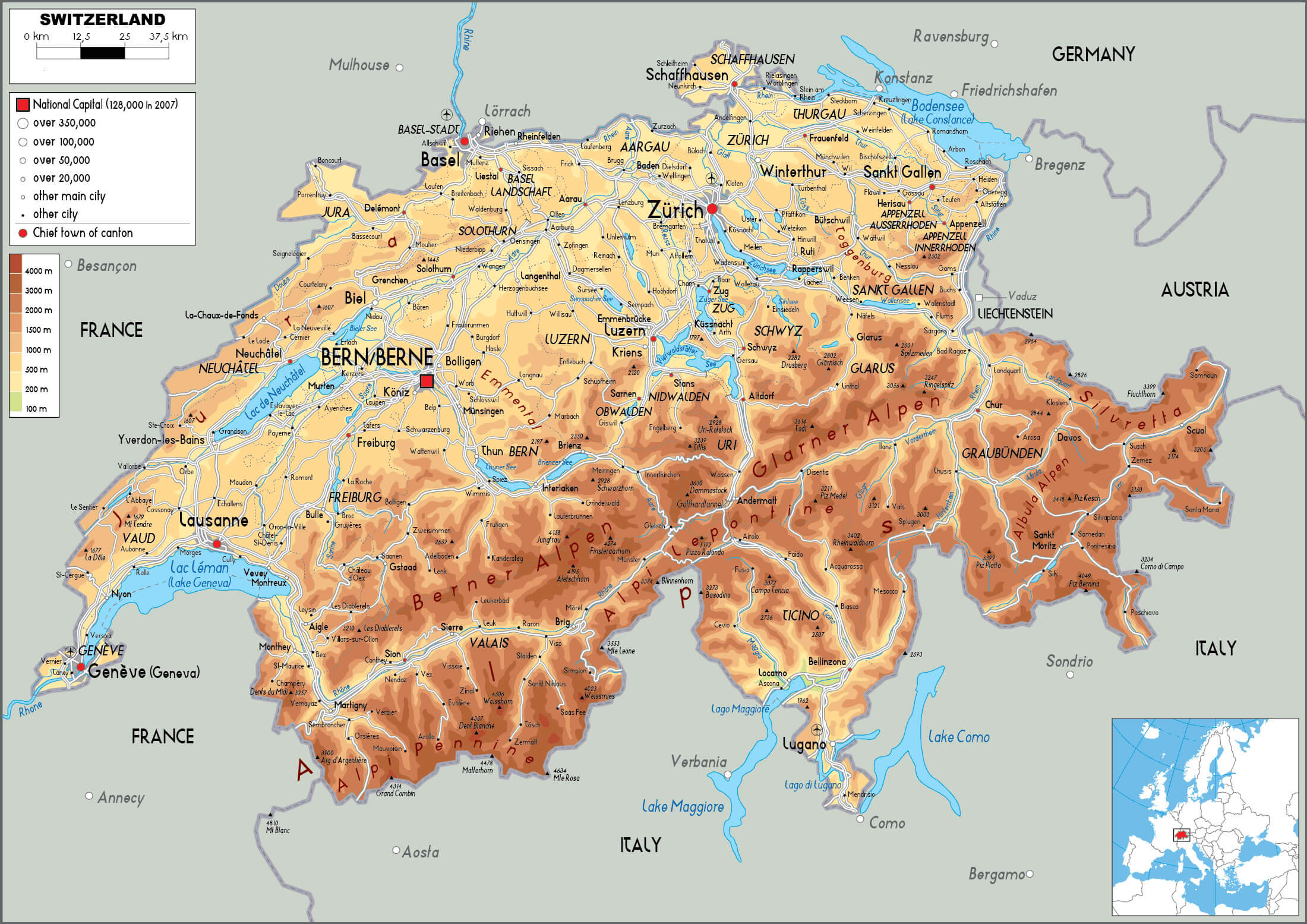 Switzerland physical map with cities
