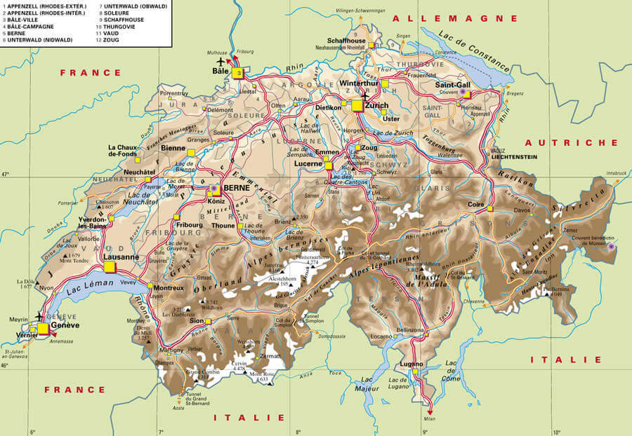 Switzerland physical road map
