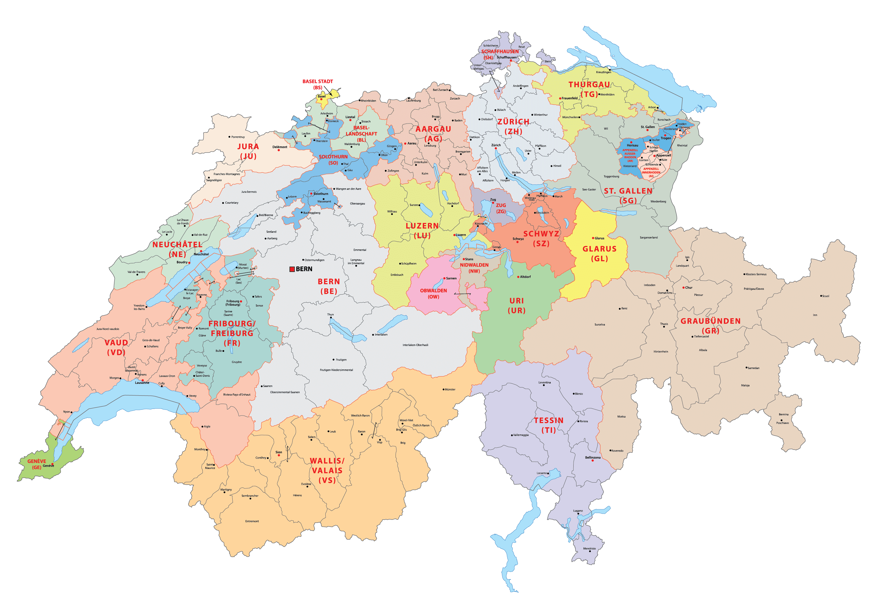 Cantons of large Switzerland map