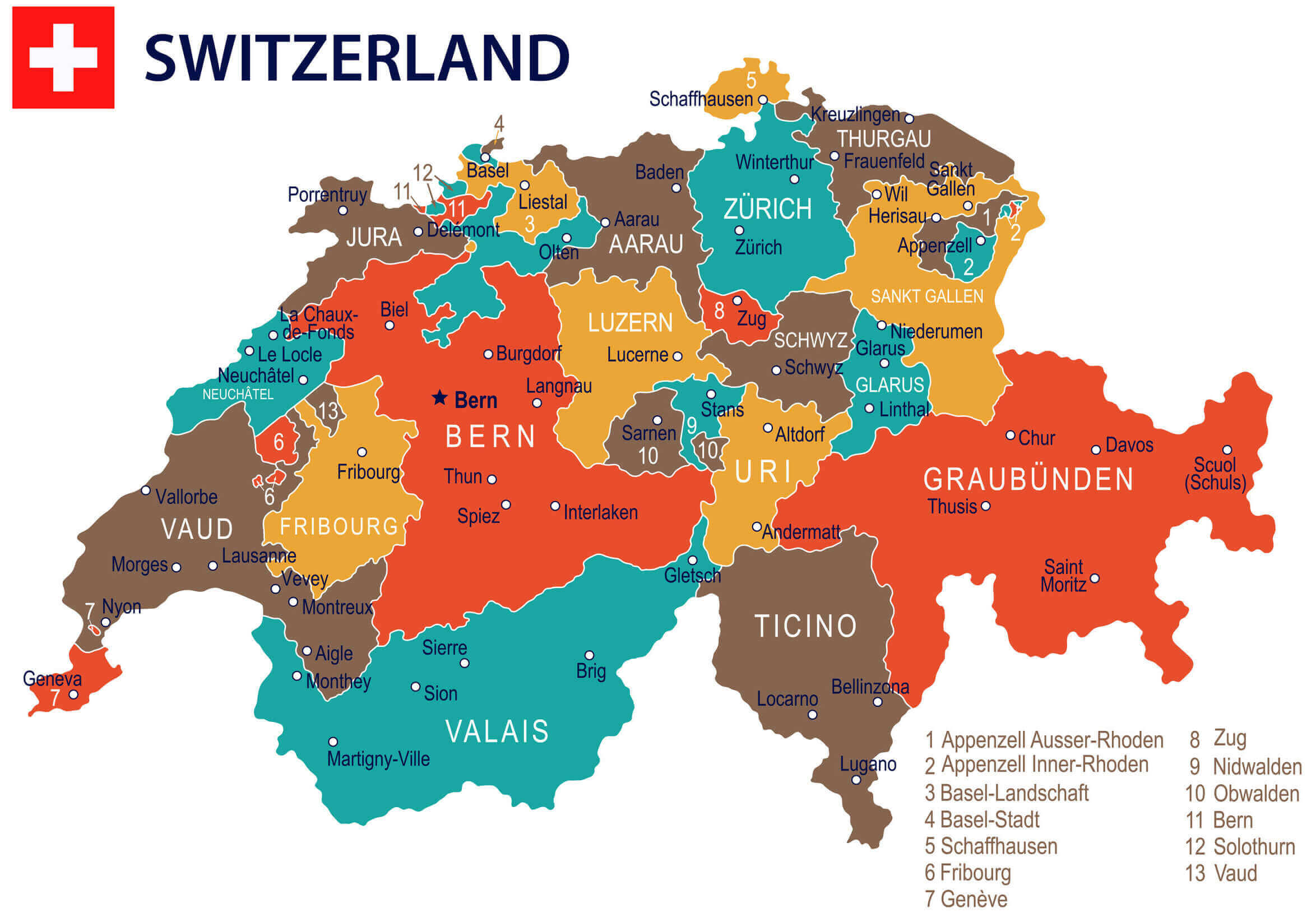 Detailed cantons map of Switzerland