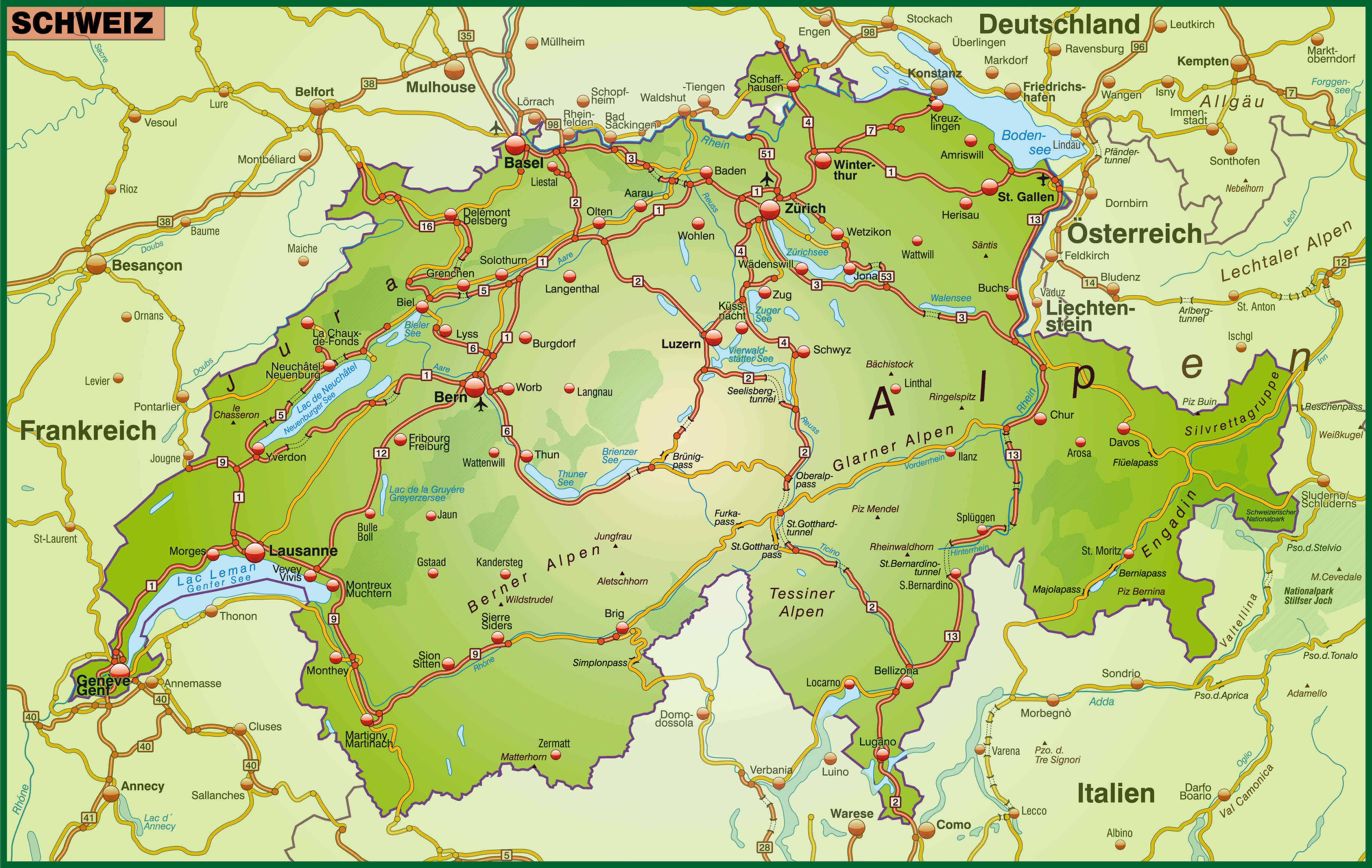 High-resolution cities map of Switzerland with highways