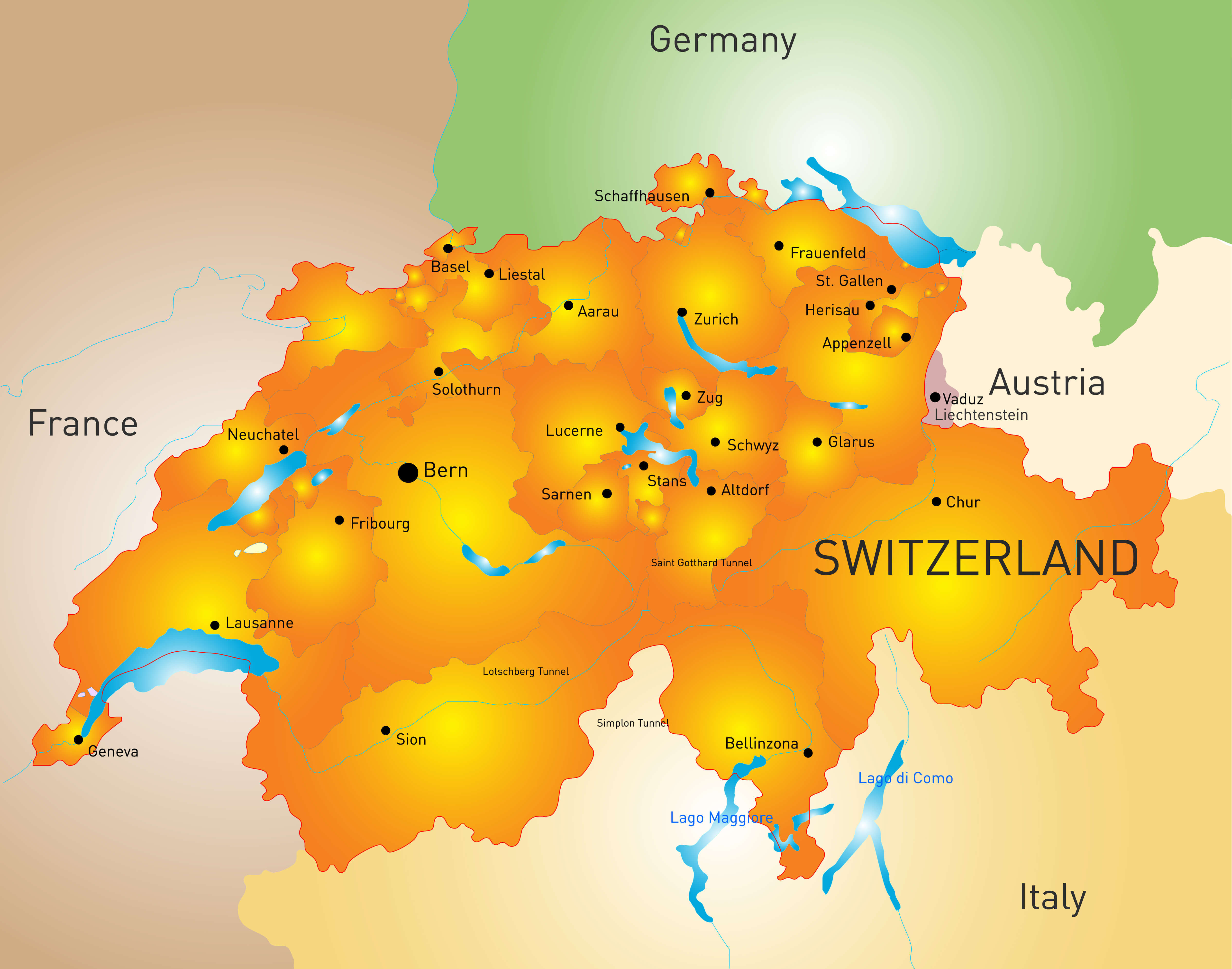 High-resolution Switzerland cities color map