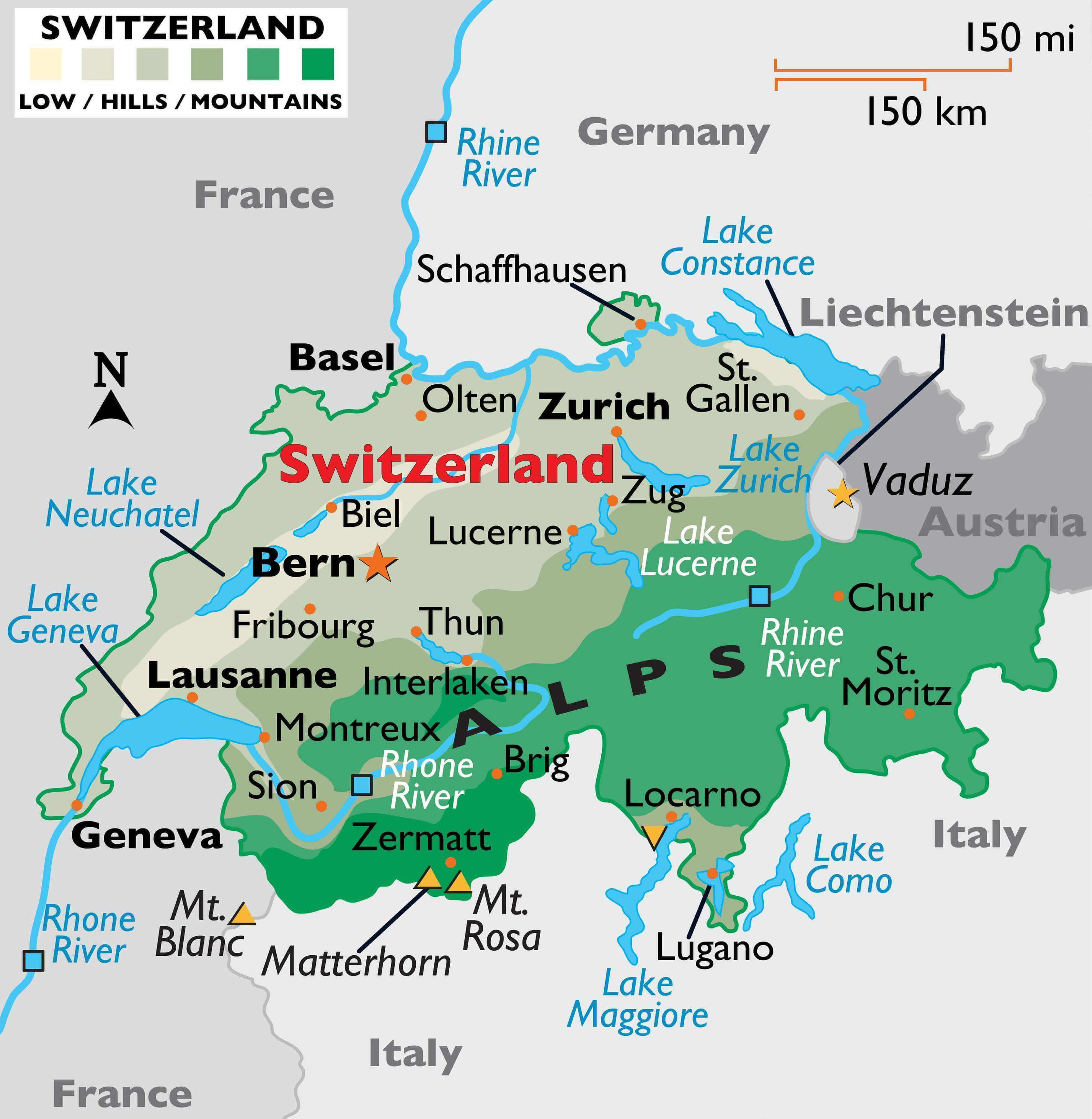 High-resolution Switzerland elevation map with major cities