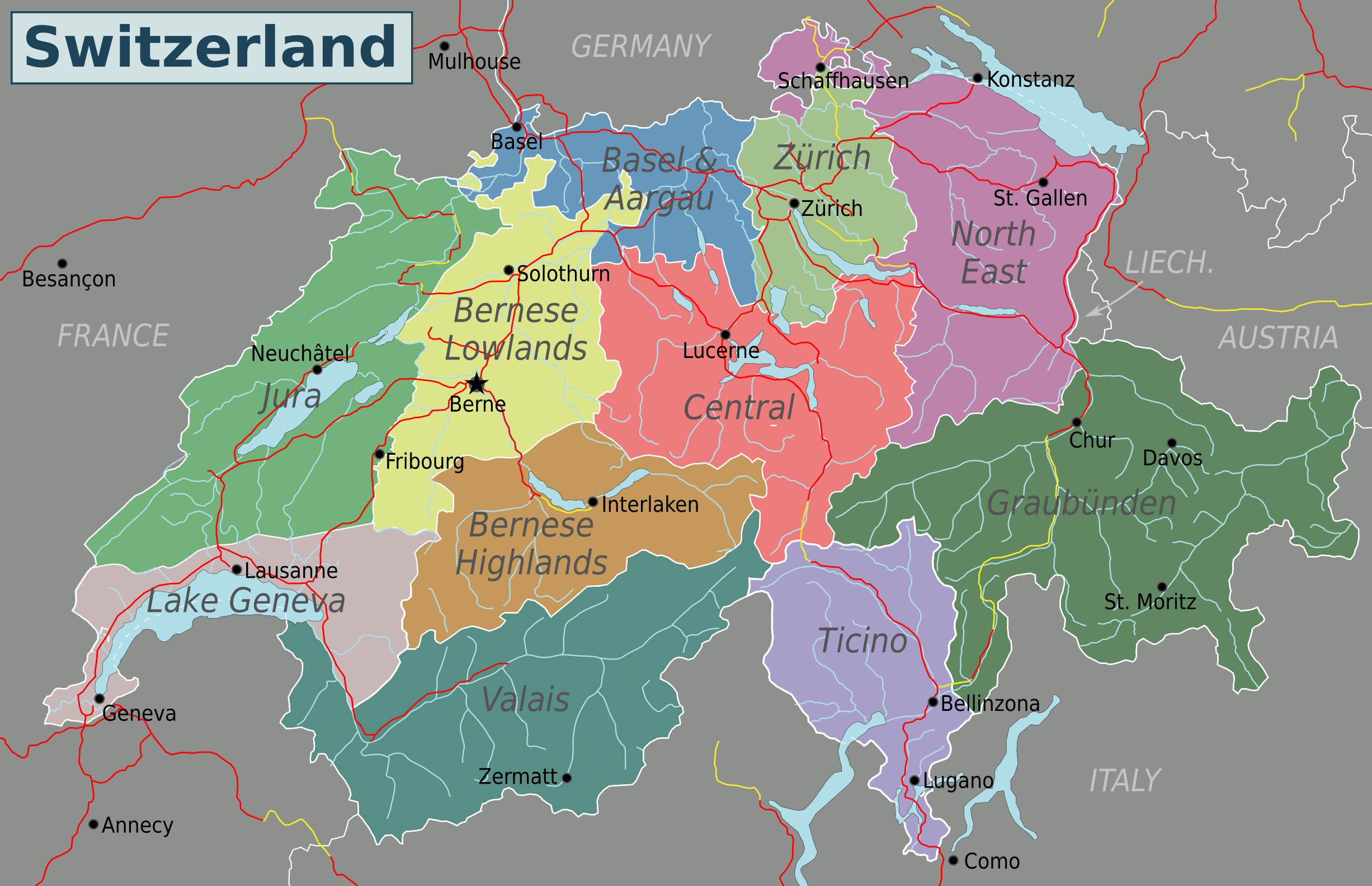 High resolution Switzerland regions map