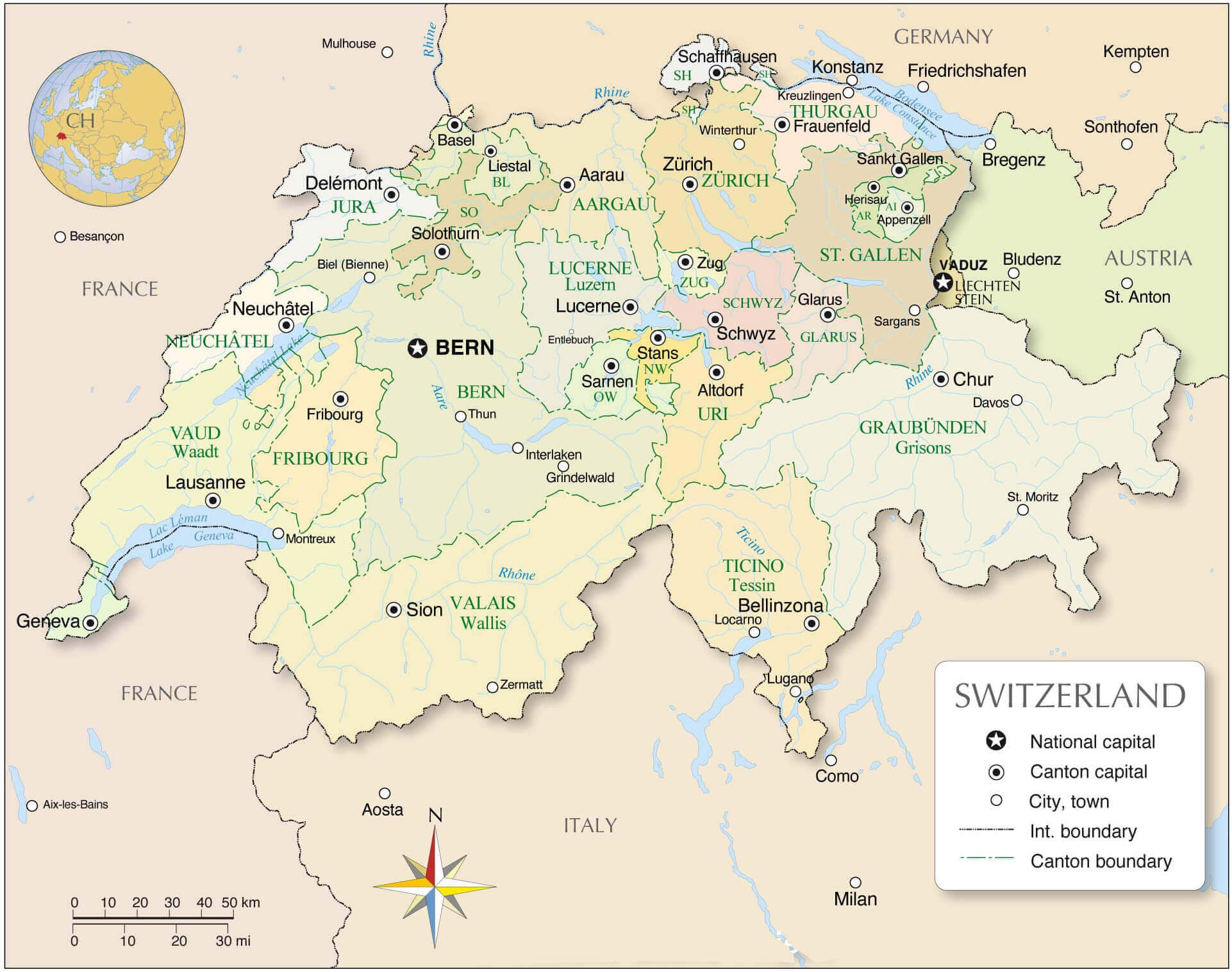Large administrative map of Switzerland