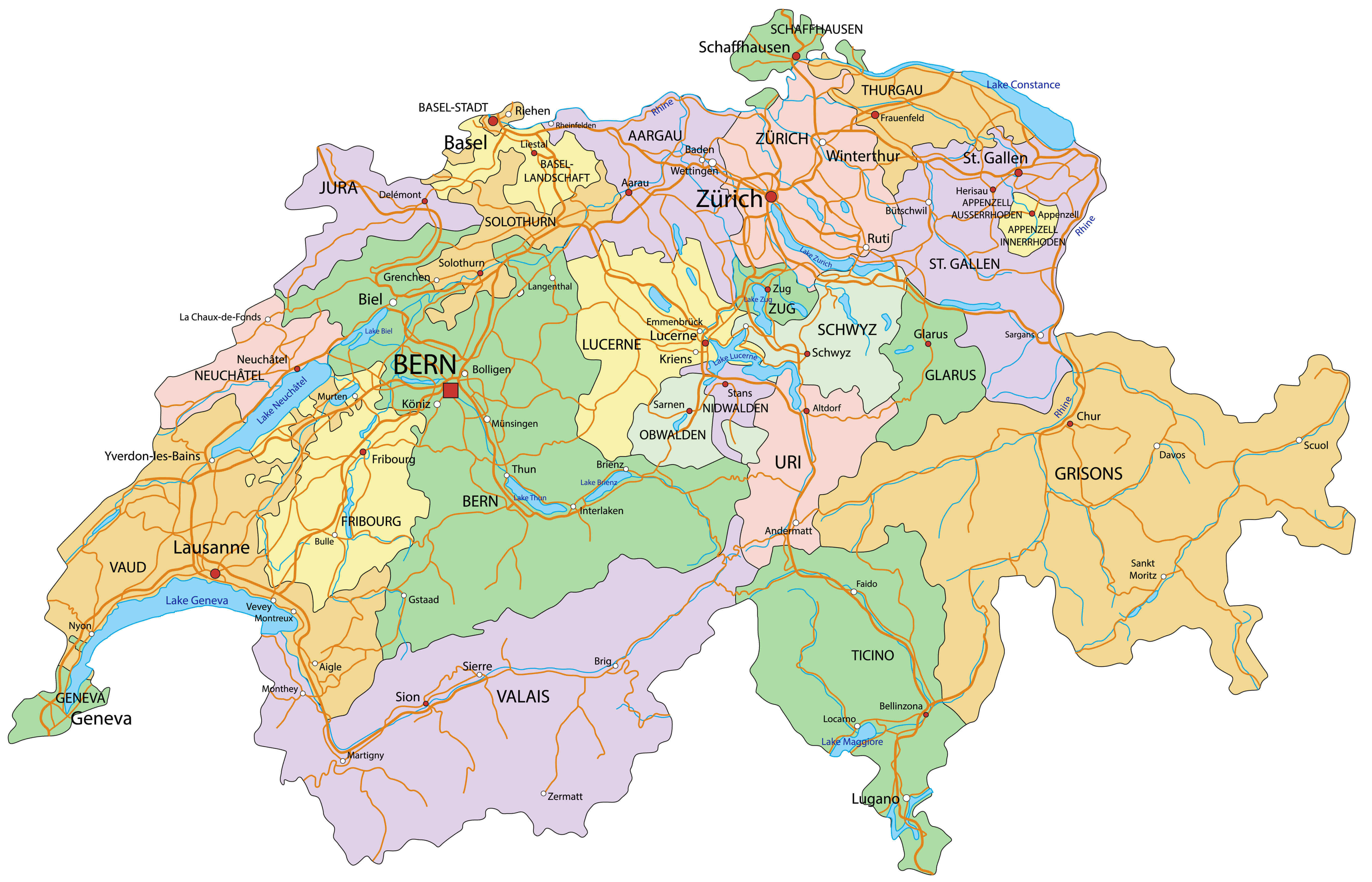 Large Switzerland cantons map with cities