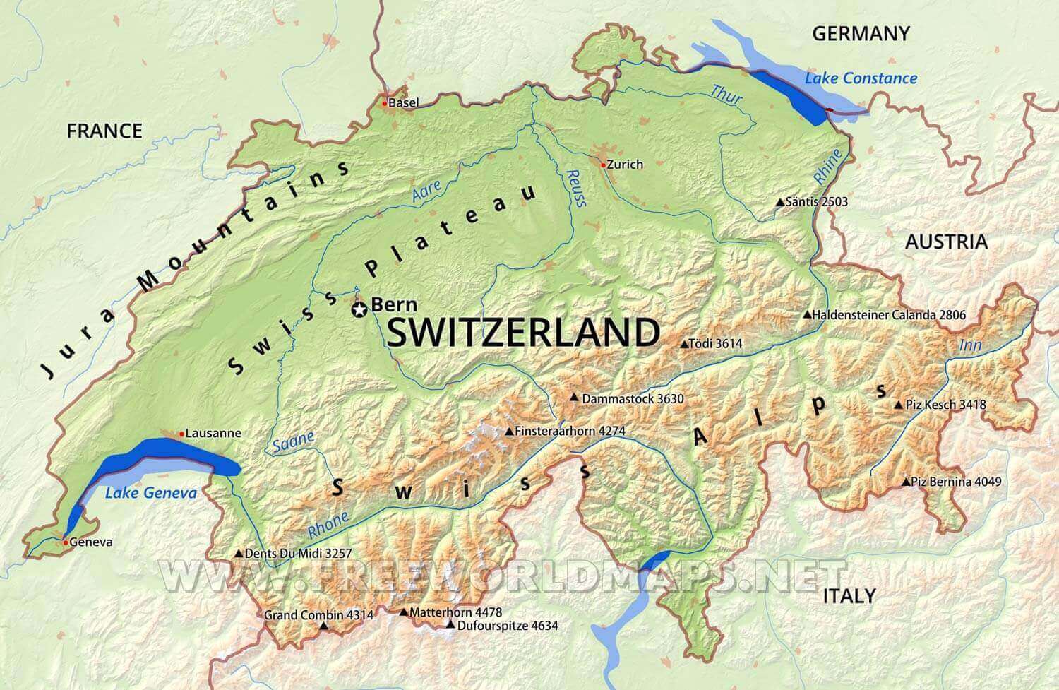 Large Switzerland physical map