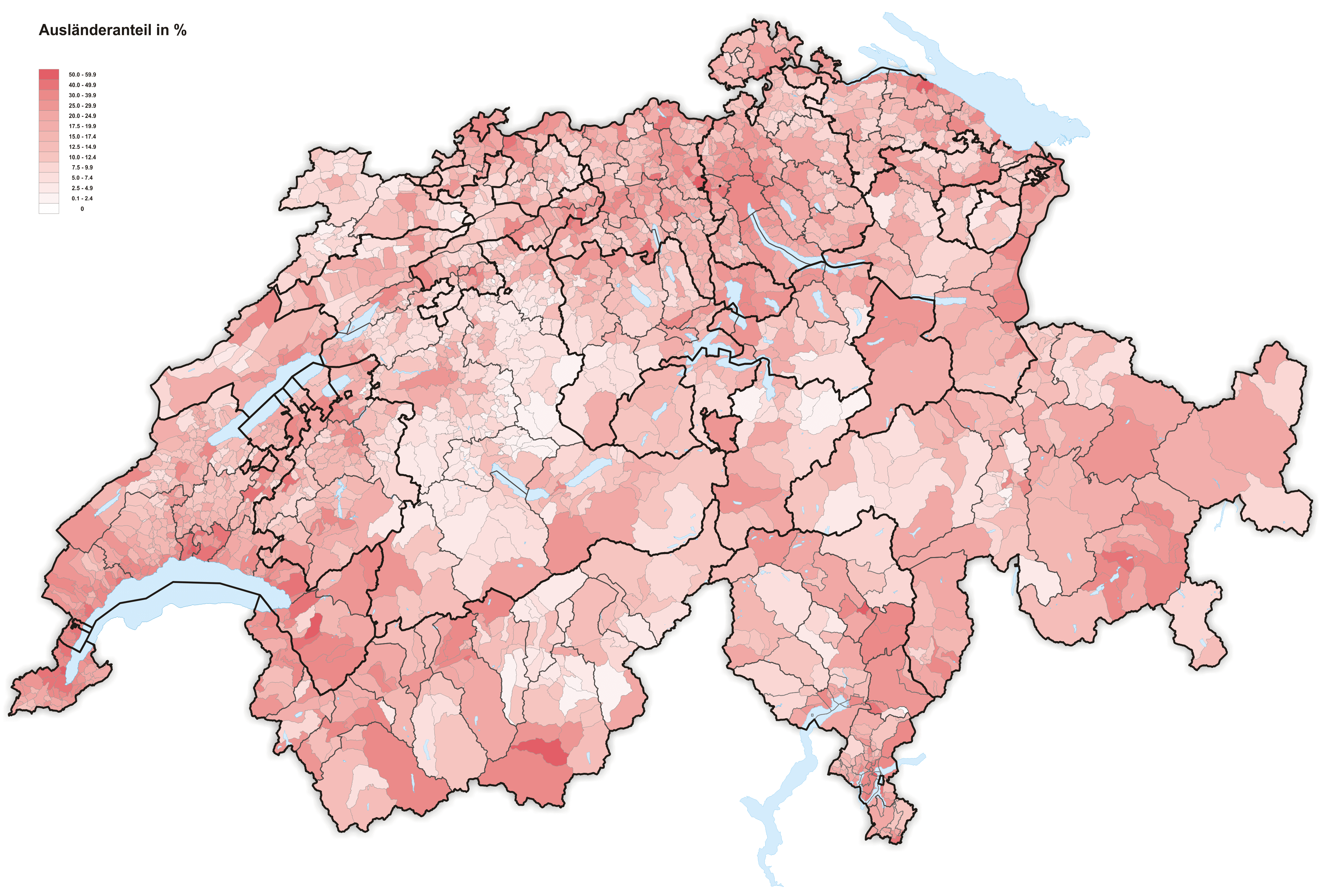 Percentage of foreigners map in Switzerland