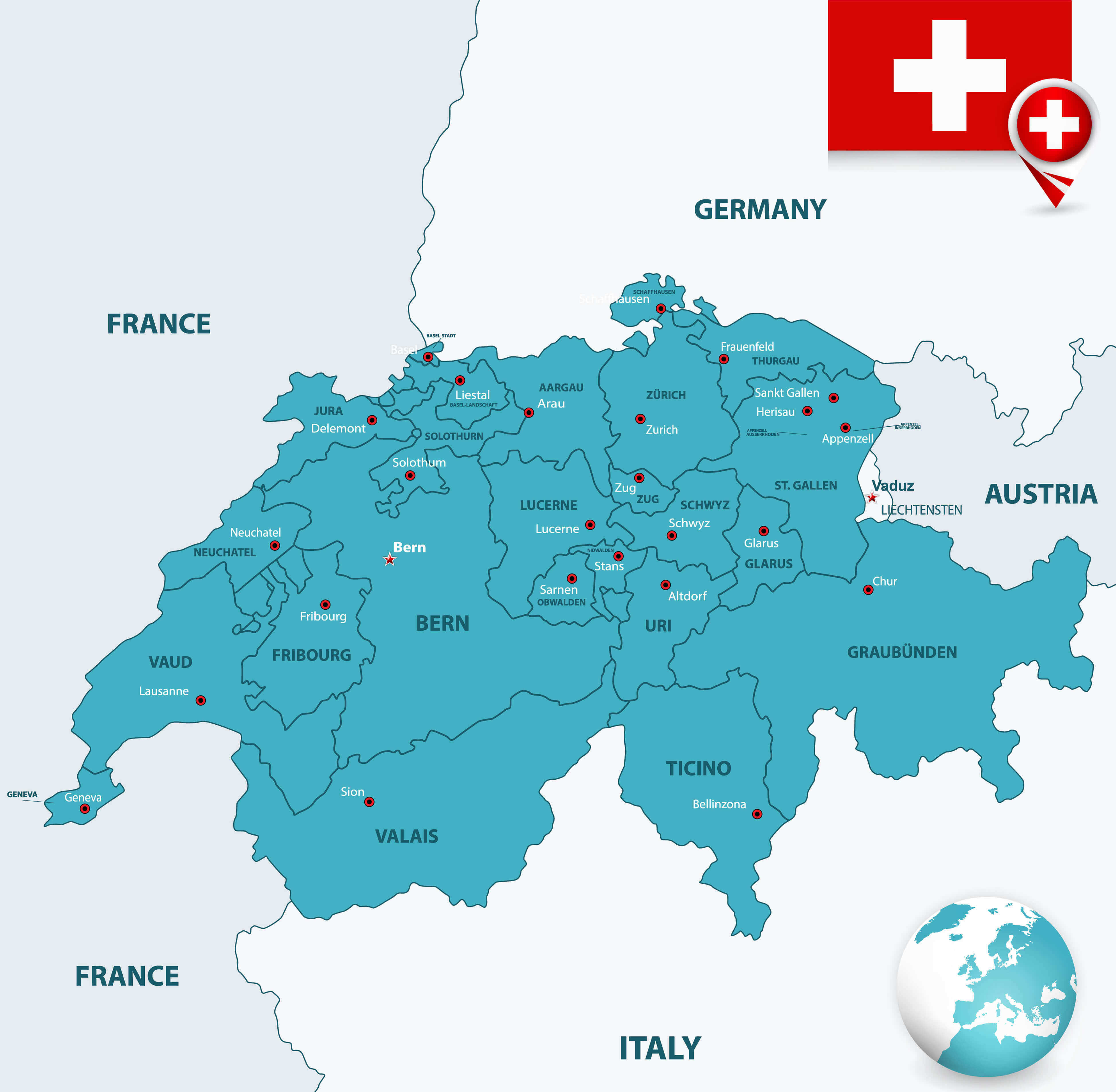 Switzerland cities cantons map