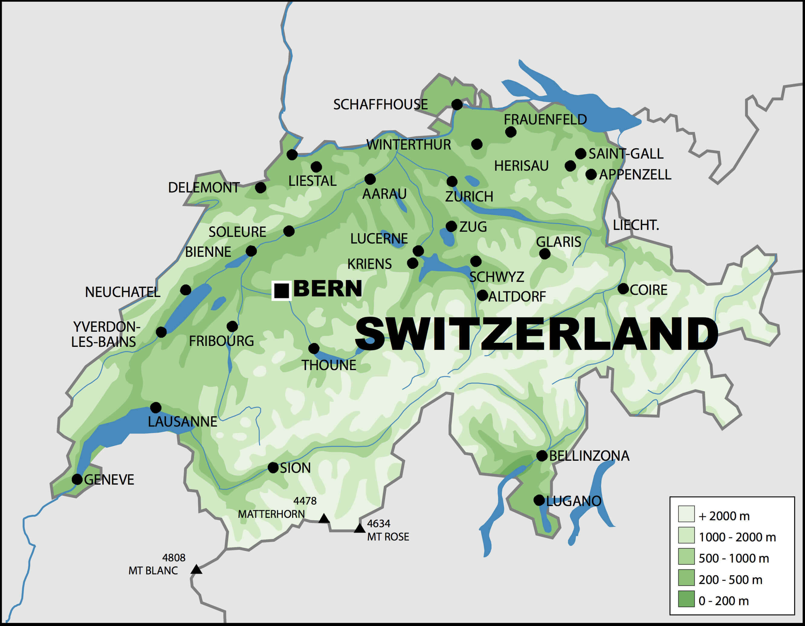 Switzerland physical map with major cities