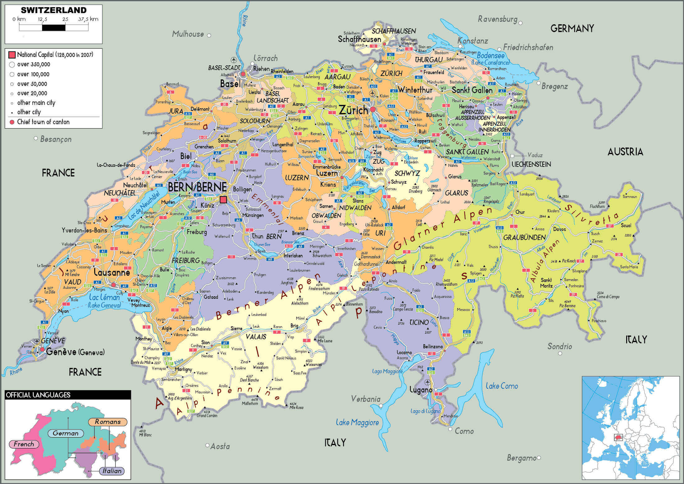 Switzerland political map with cities and cantons