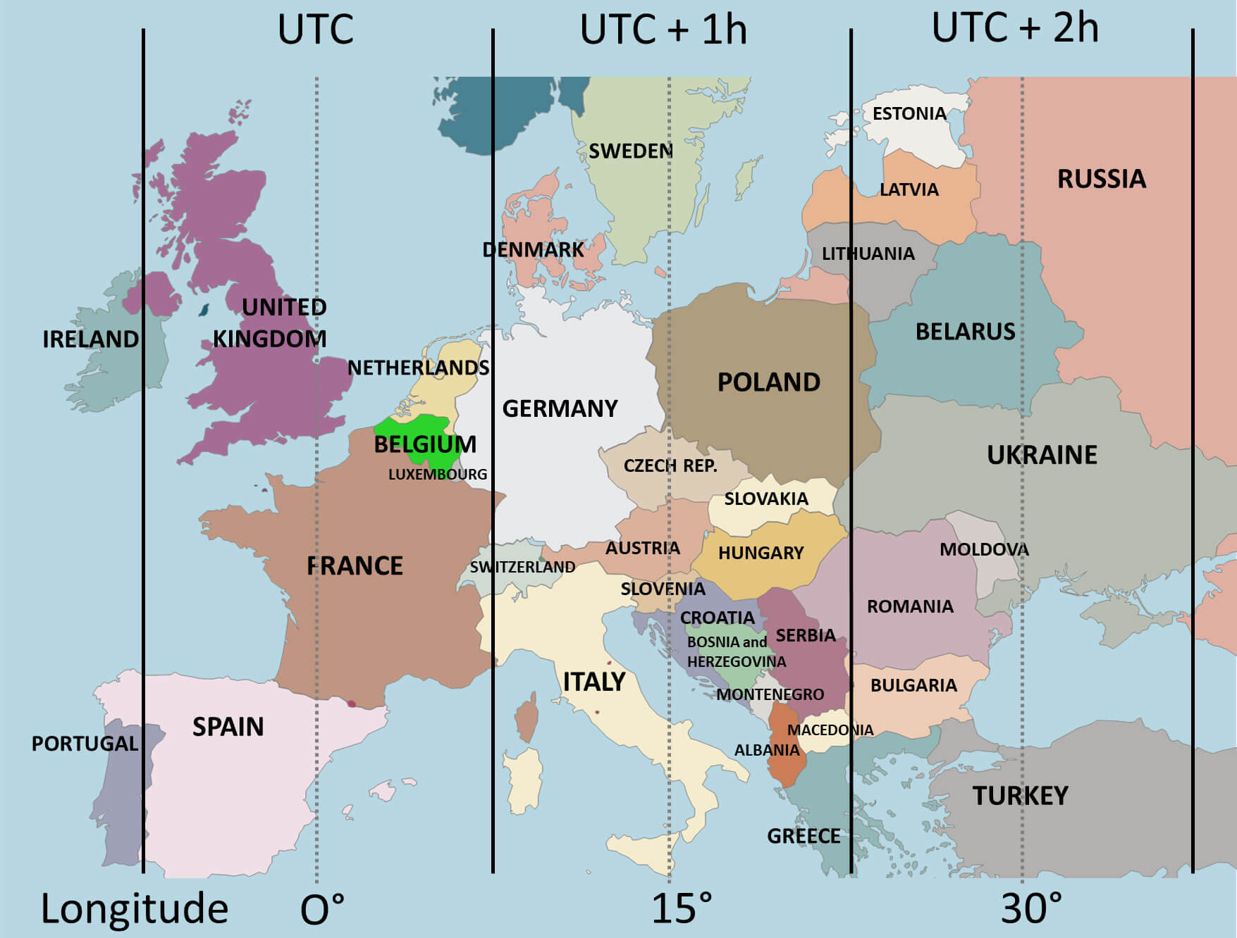 European countries time zones map