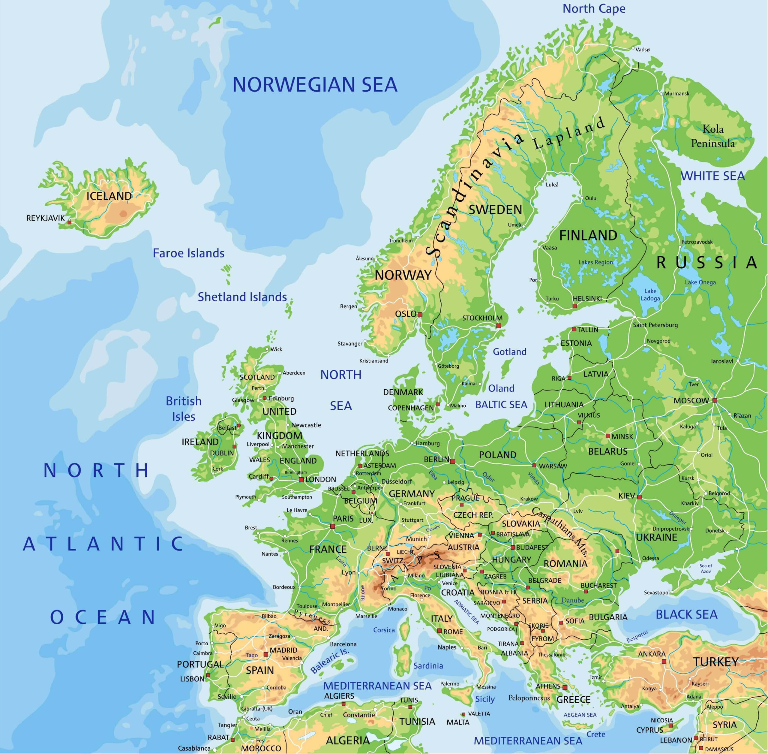 Europe topography map with mountains
