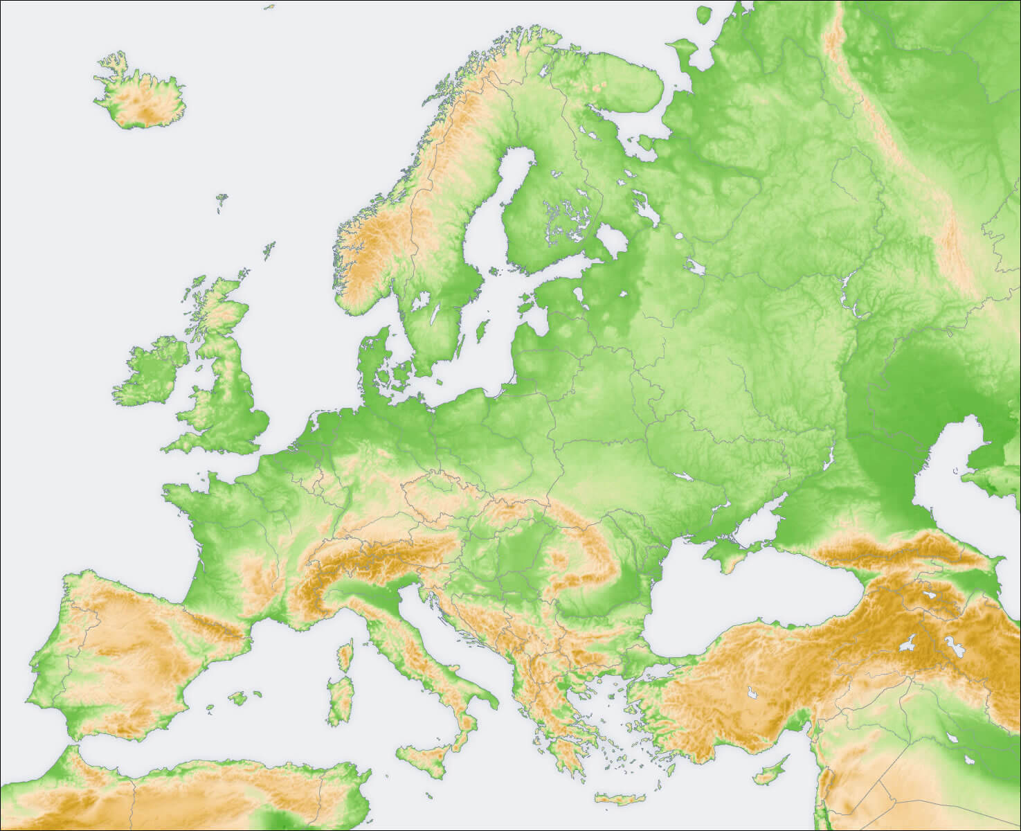 Large detailed topographical map of Europe