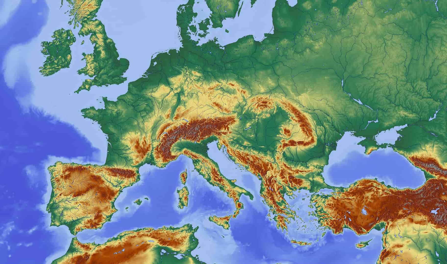 Topographic map of Europe with mountains and elevation
