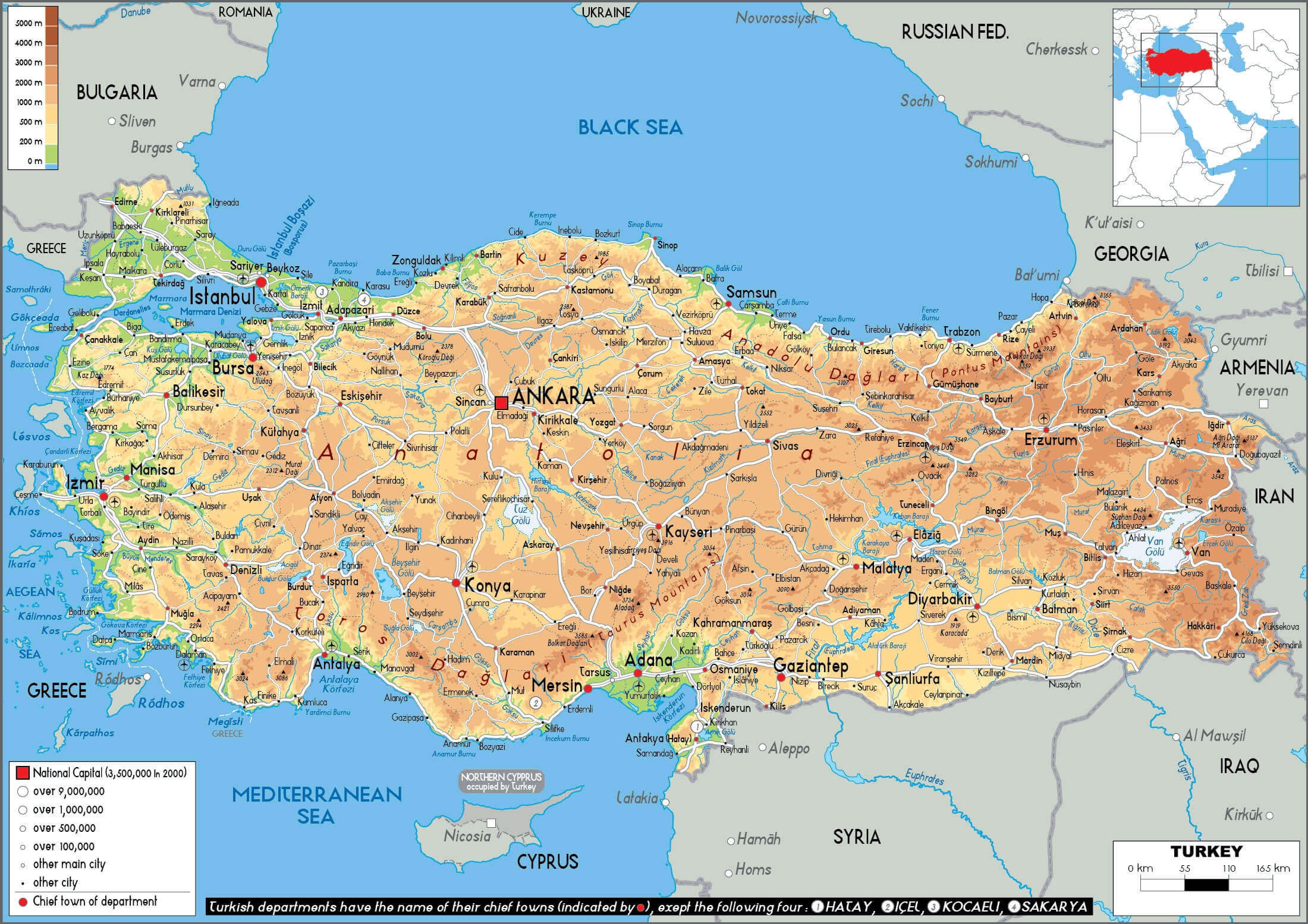 Cities map of Turkey with physical