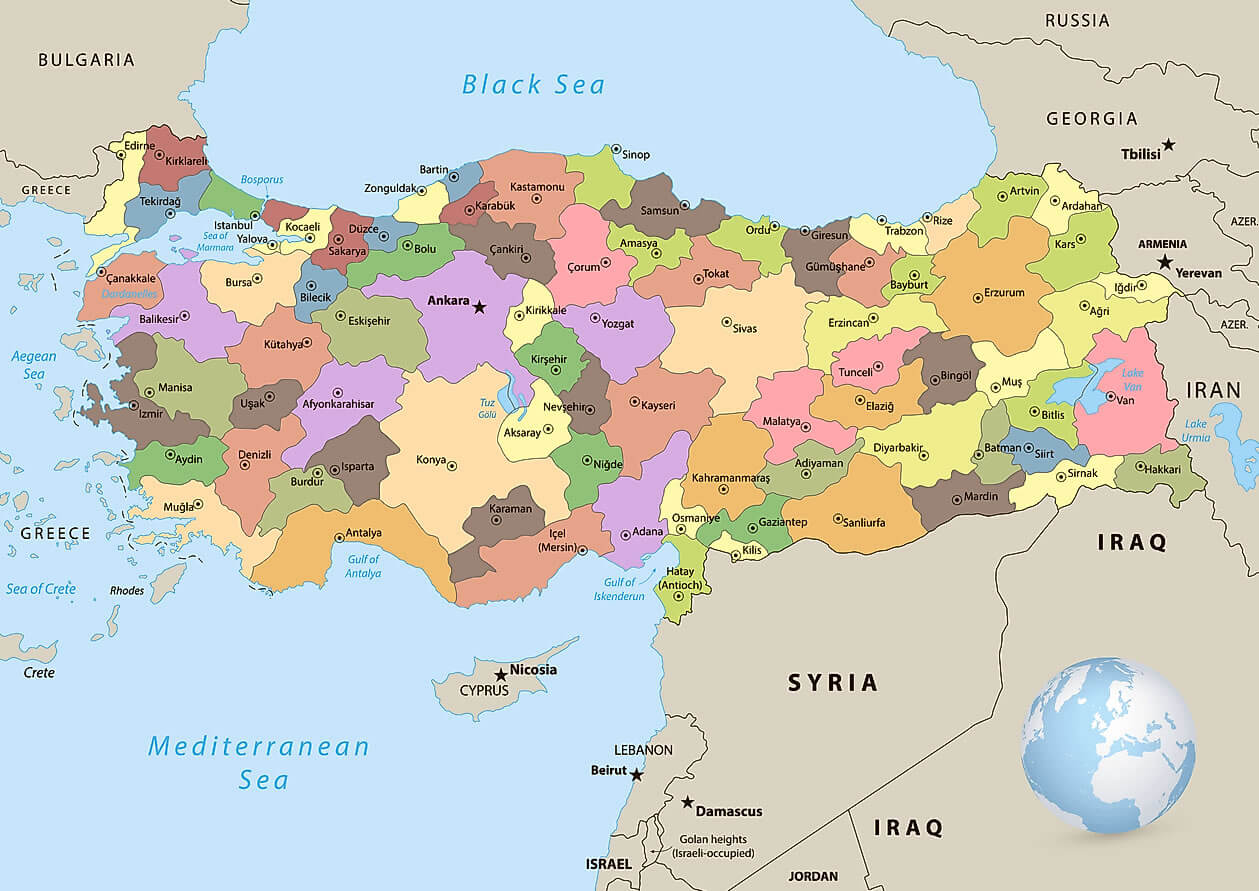Provinces of Turkey map with cities