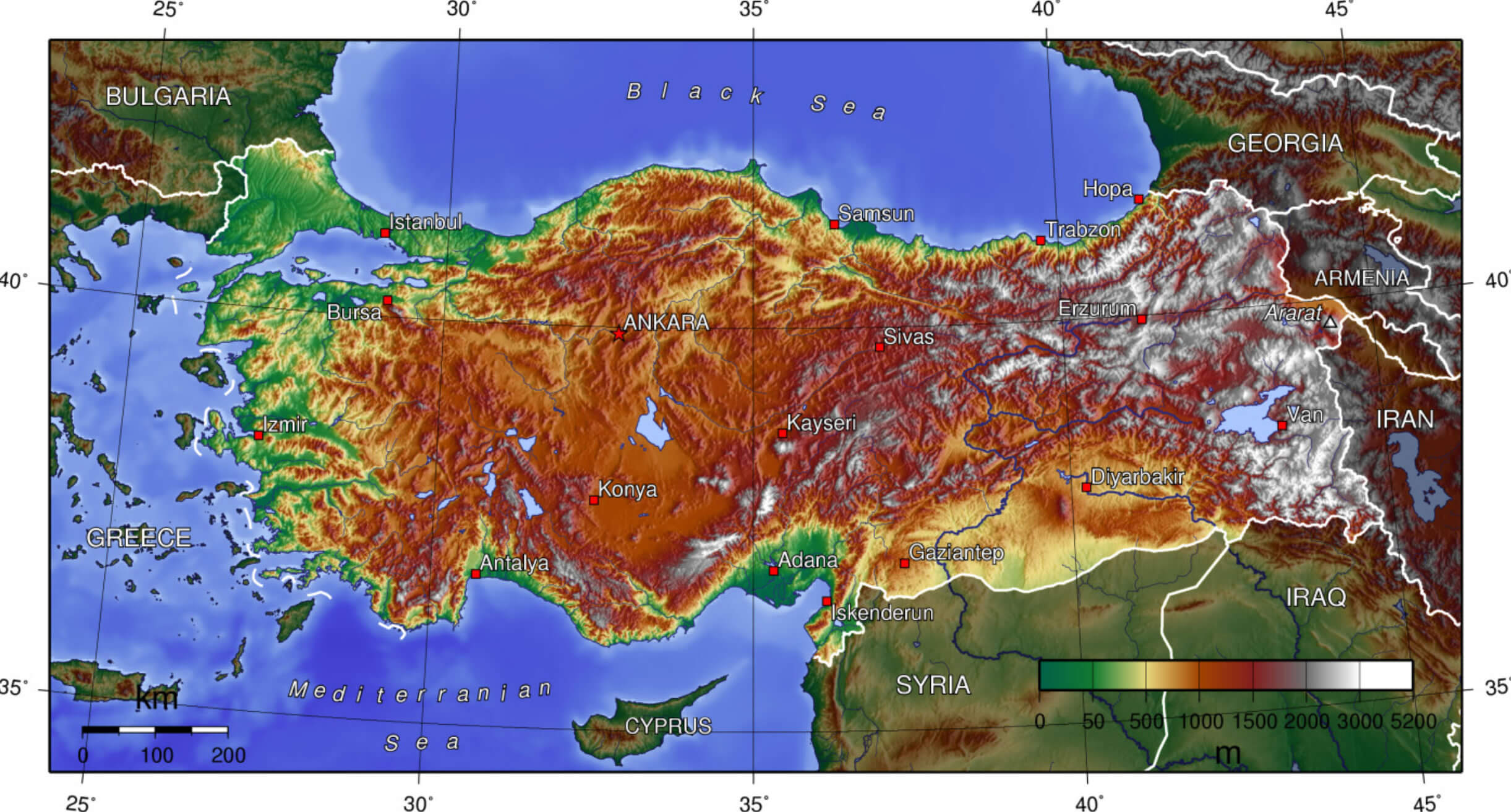 Turkey Cities Map 29 Topographic map of Turkey with cities