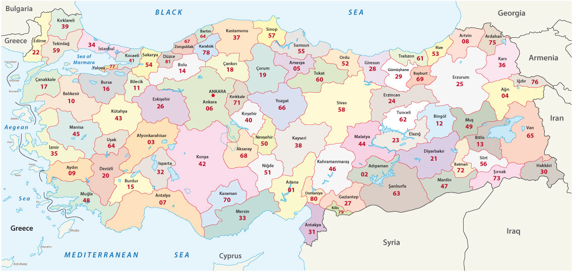 Turkey 2 digit postcodes map with cities