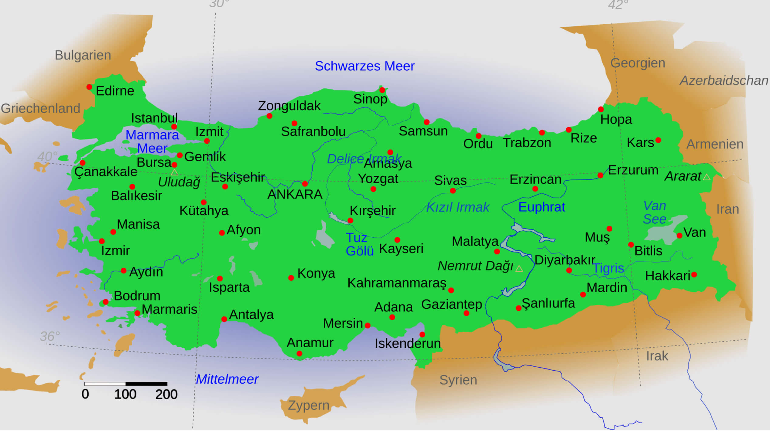 Turkey cities map in German