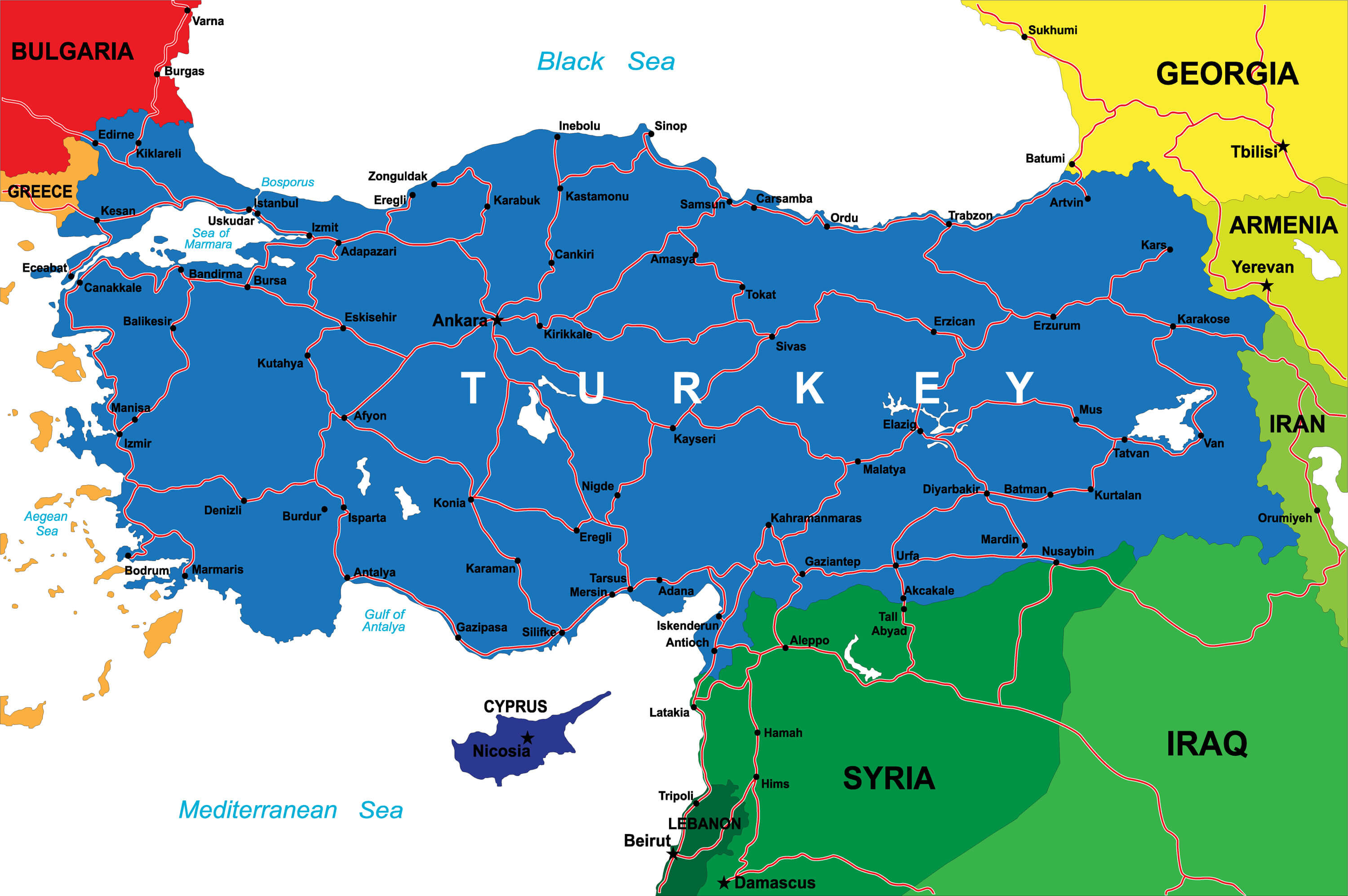 Turkey major cities road map