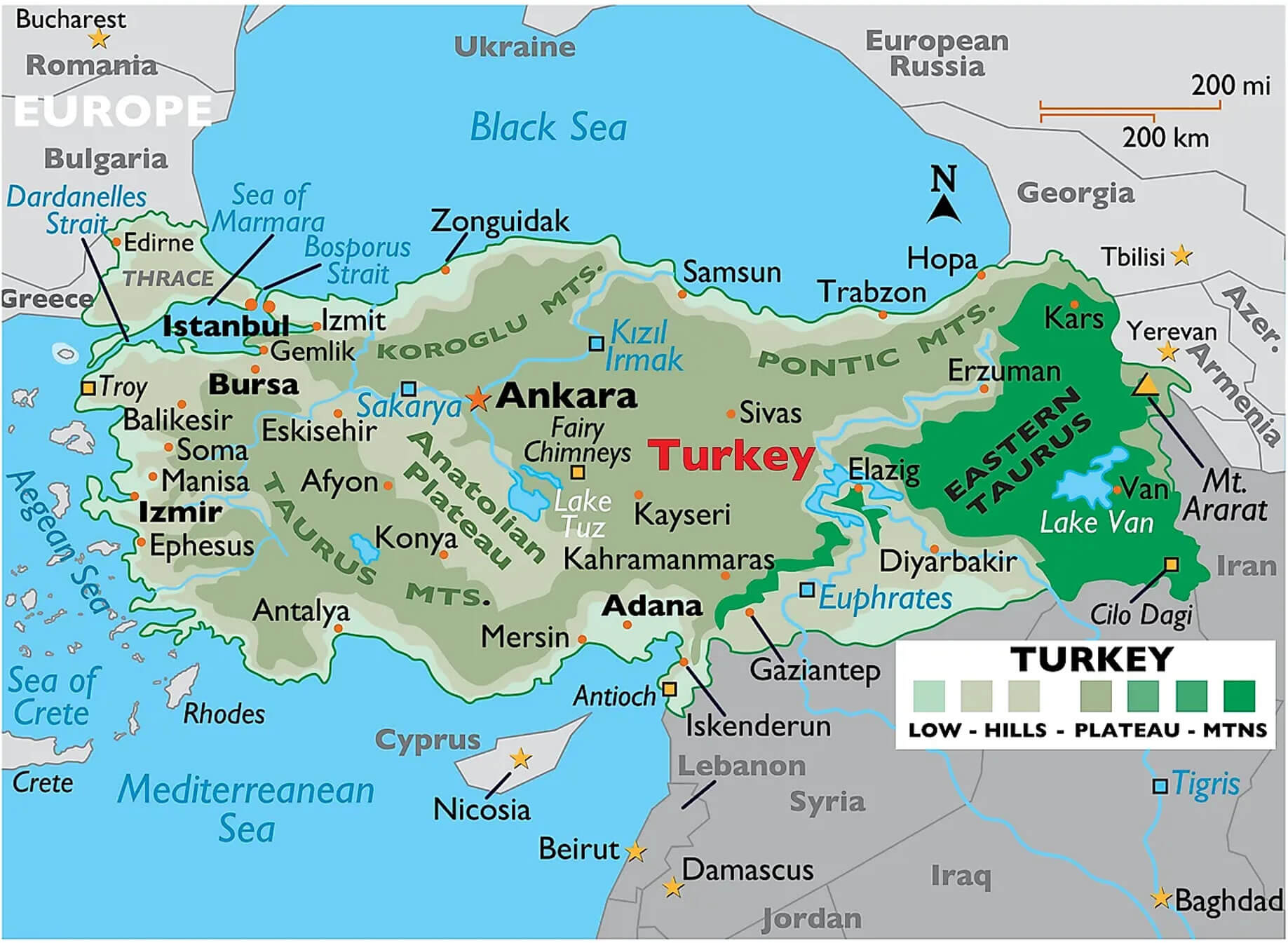 Turkey physical map with cities