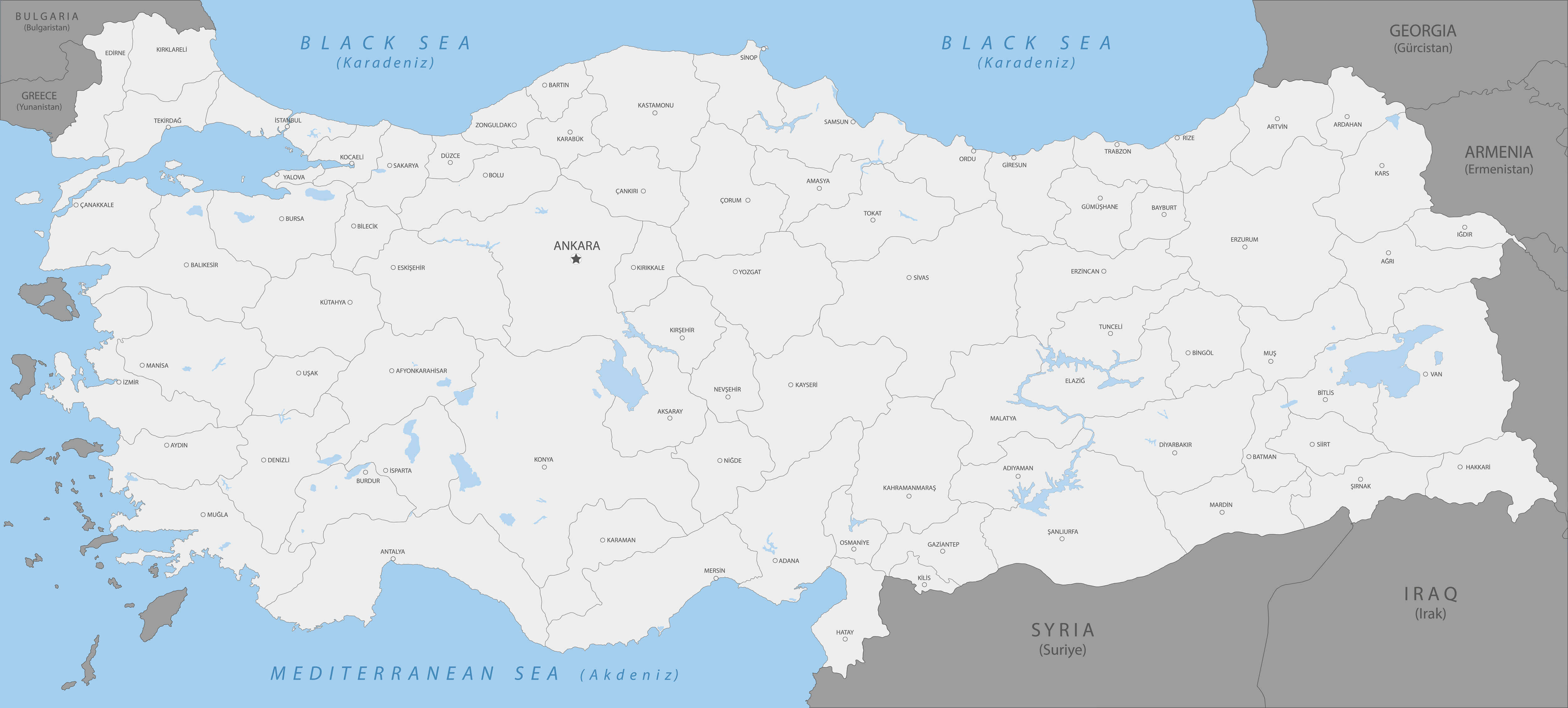 Detailed map of Turkey with lakes