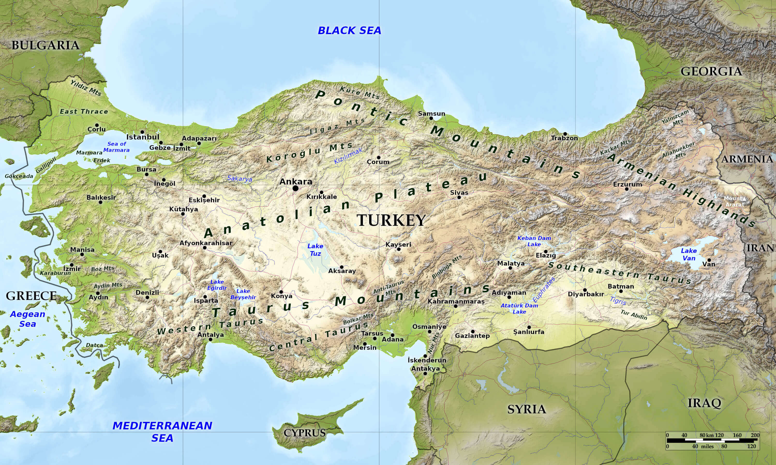 High-resolution relief map of Turkey