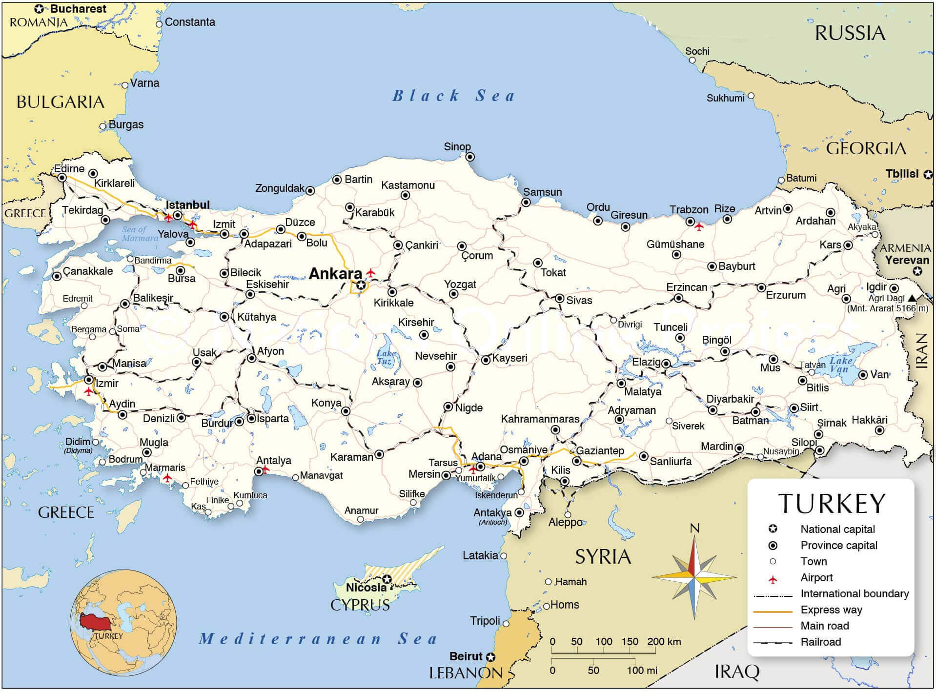 Large Turkey map with cities and airports