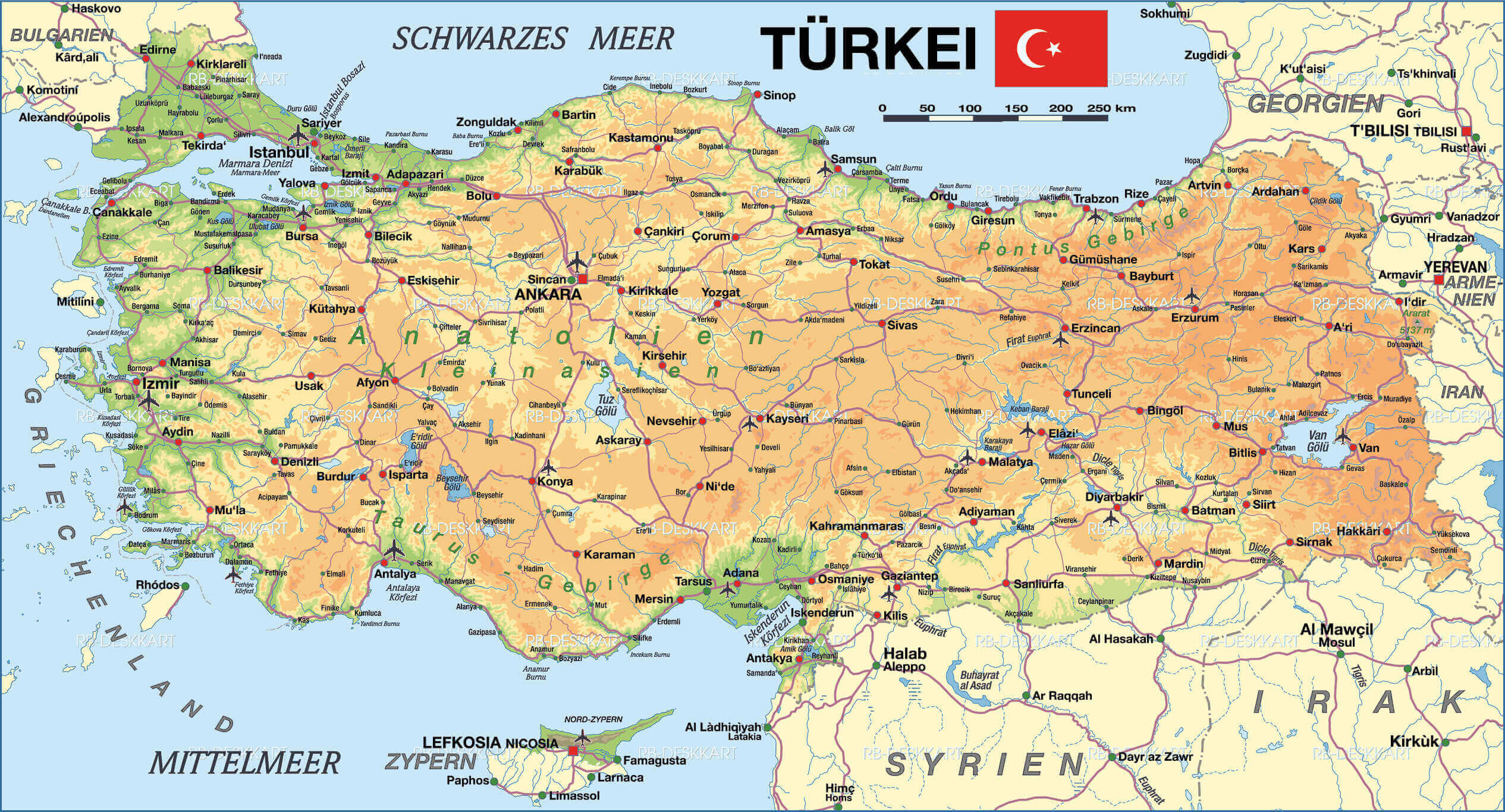 Large Turkey physical cities map in German