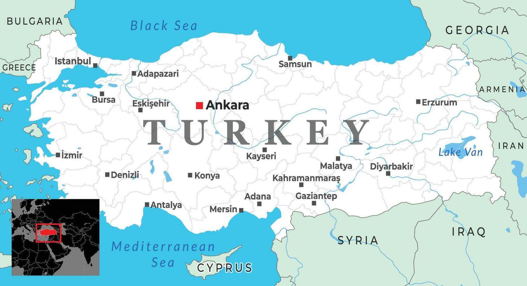 Map of Turkey with major cities and neighboring countries