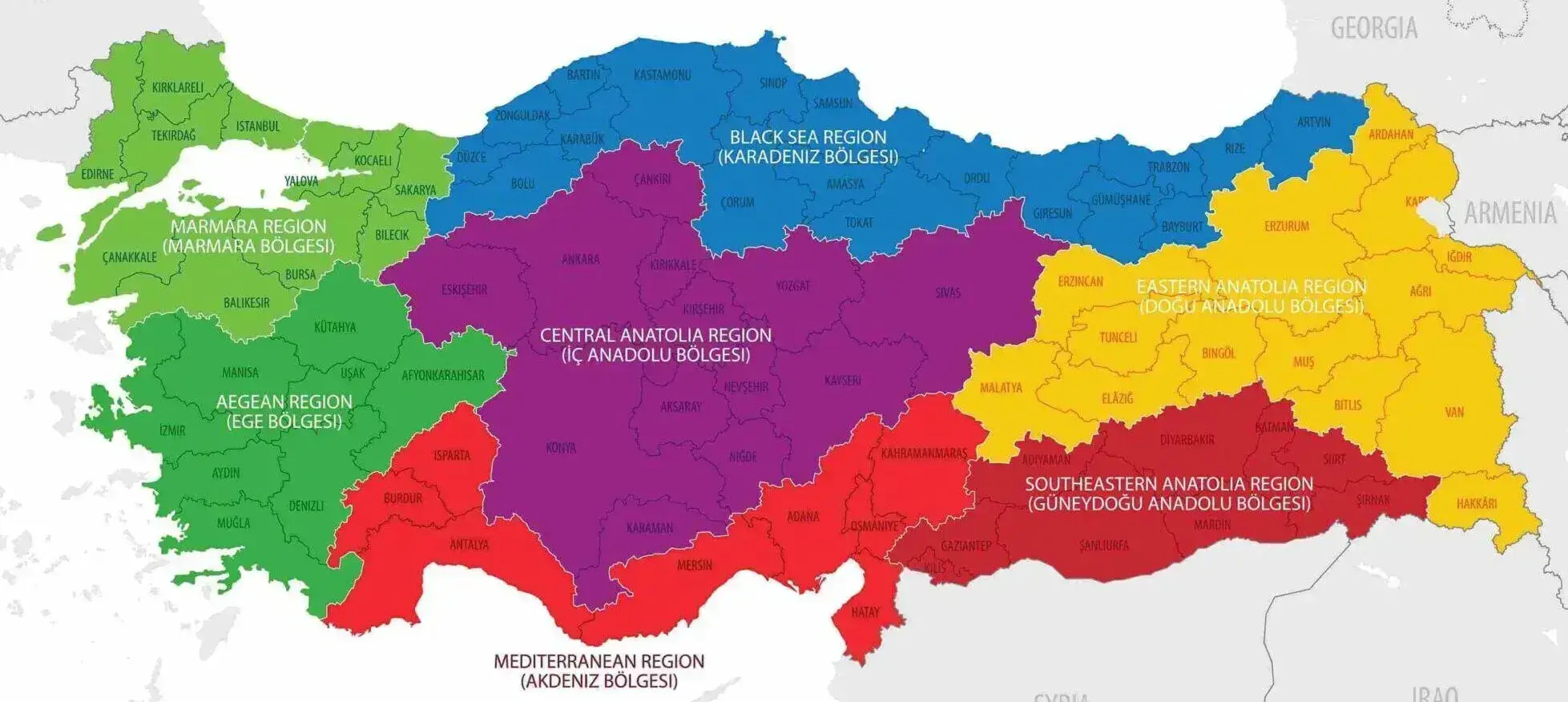 Map of Turkey with regions and cities