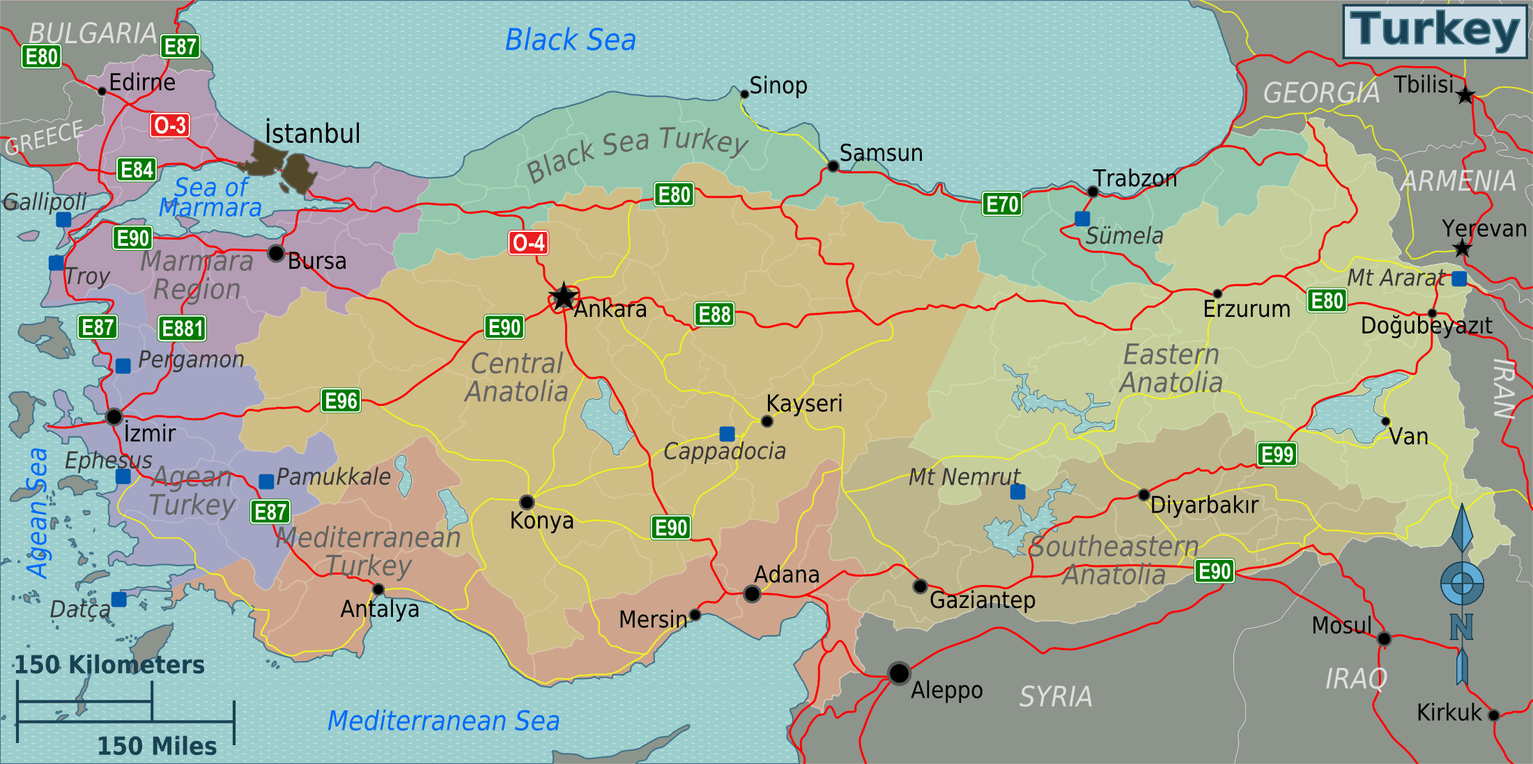 Turkey cities and provinces map with roads