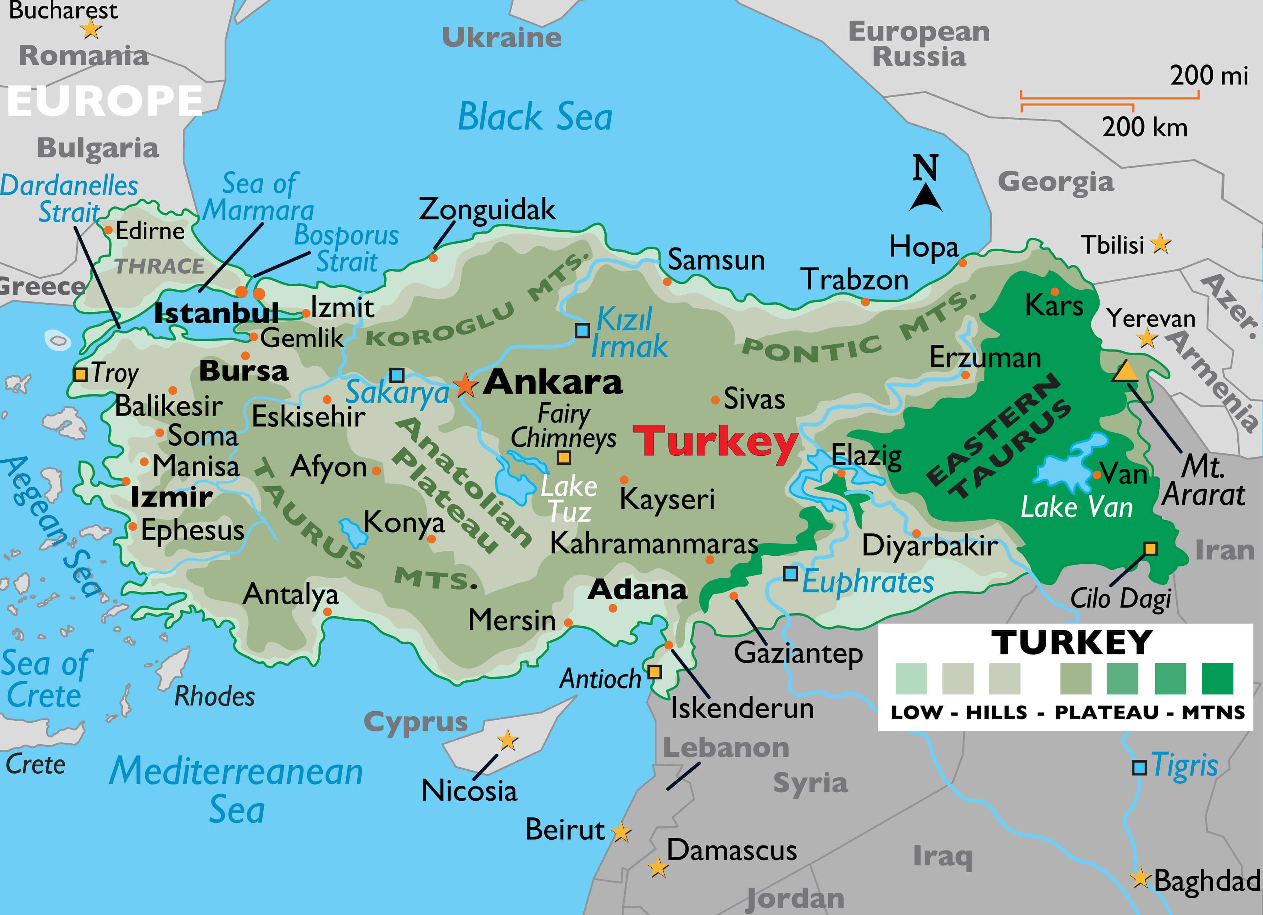 Turkey high resolution elevation map with cities