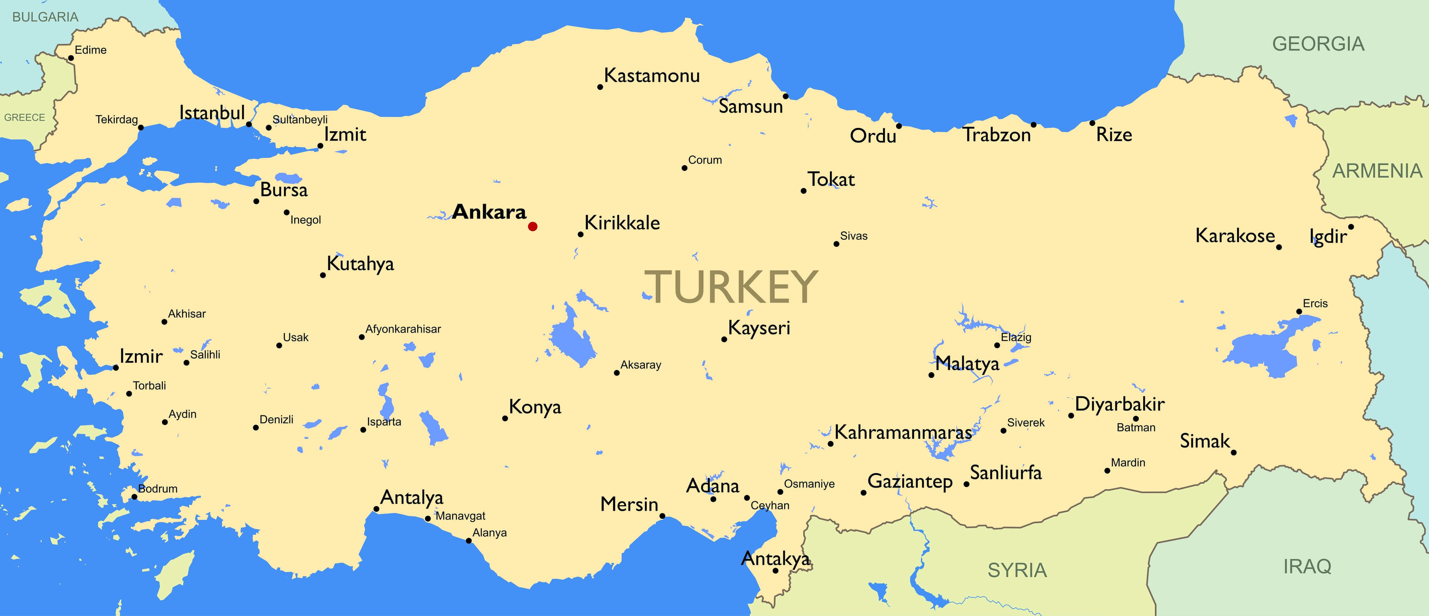 Turkey main cities and lakes map