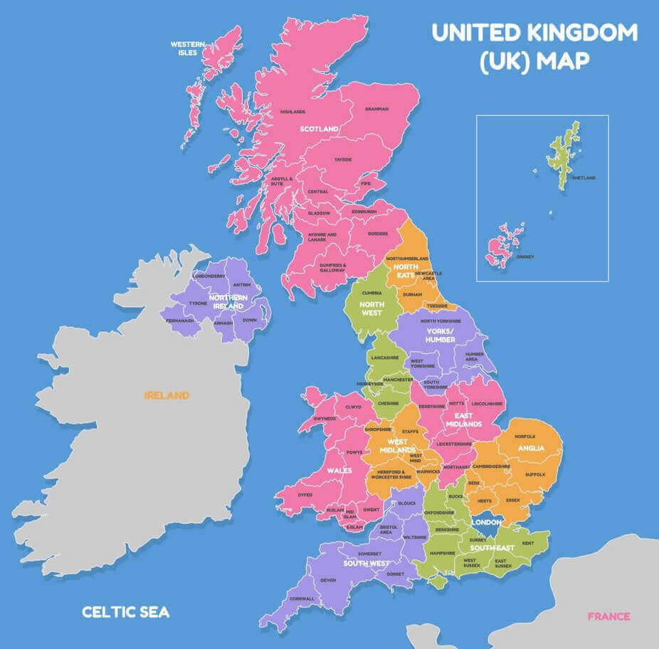 Cities map of UK with surrounding borders