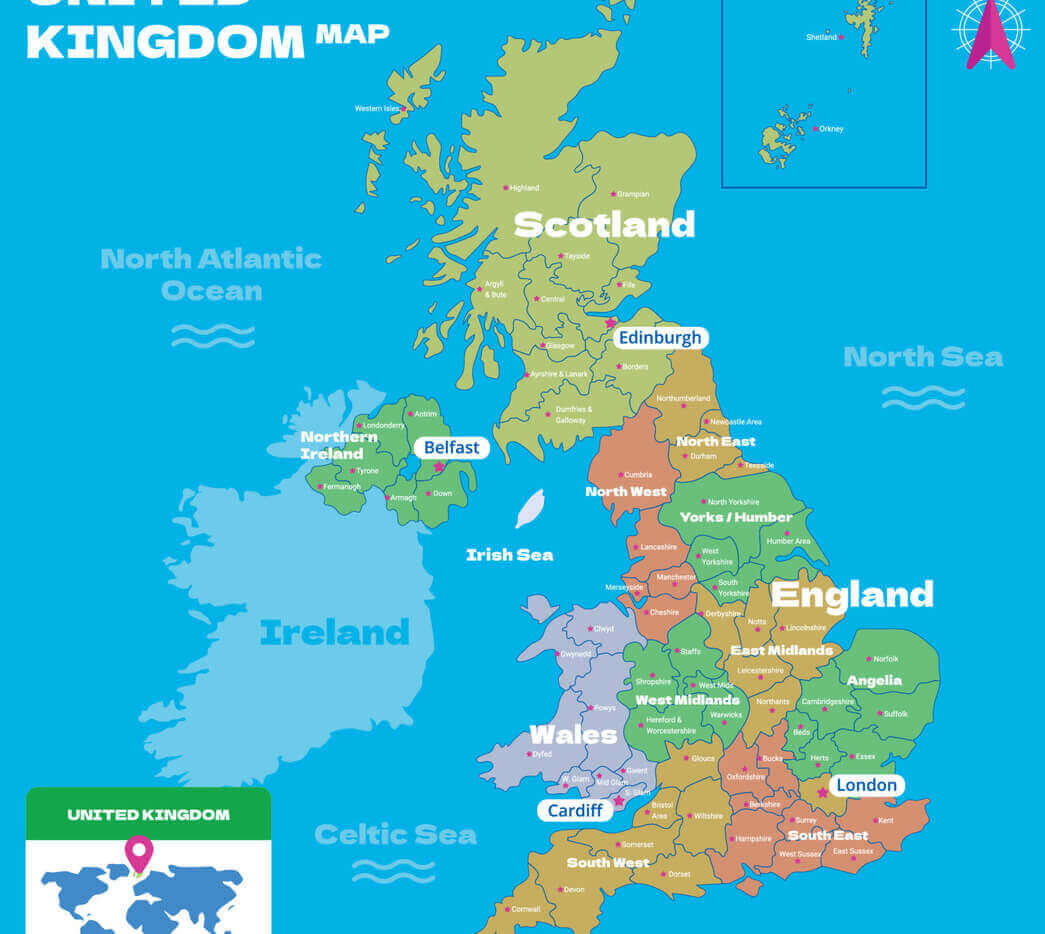 UK cities and regions map with England