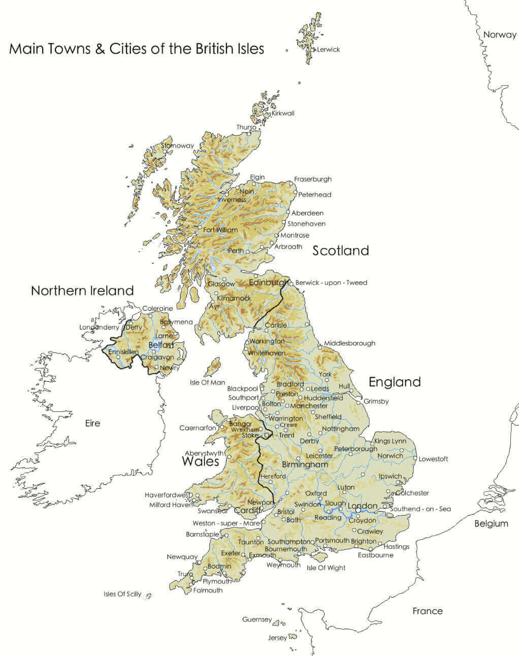 UK main towns and cities map with British isles