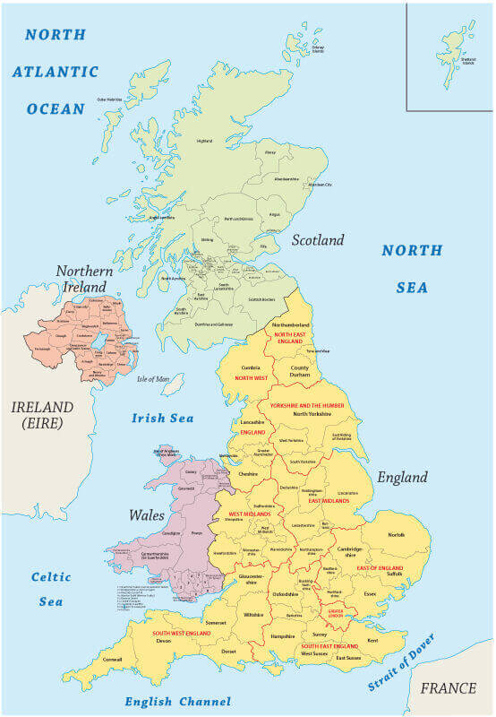 UK regions and cities map with Northern Ireland