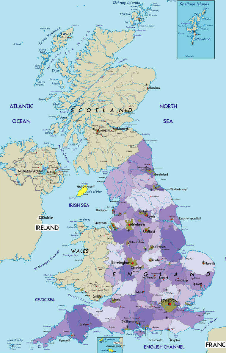 United Kingdom cities map with Wales and Scotland
