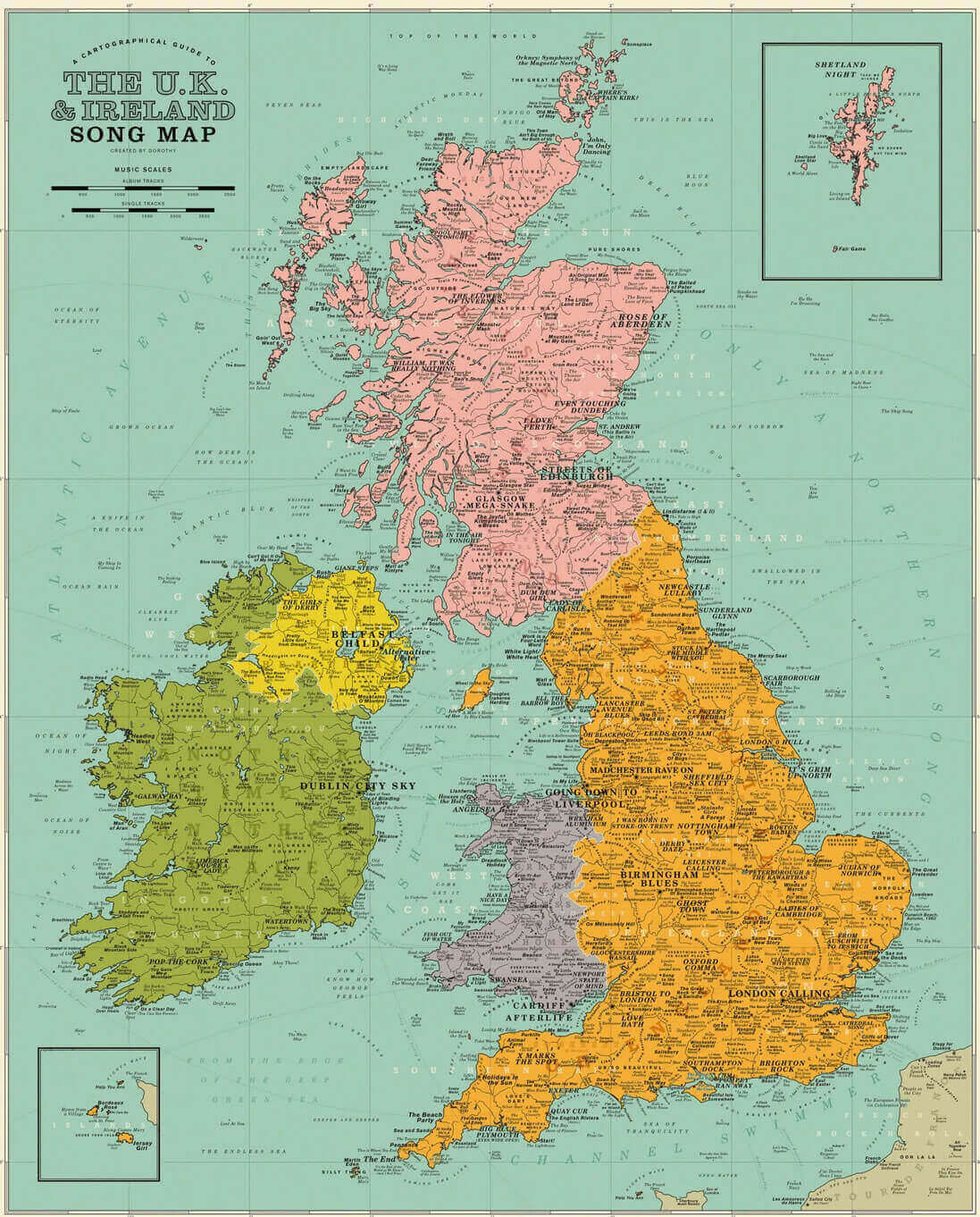 Detailed UK and Ireland song map with cities