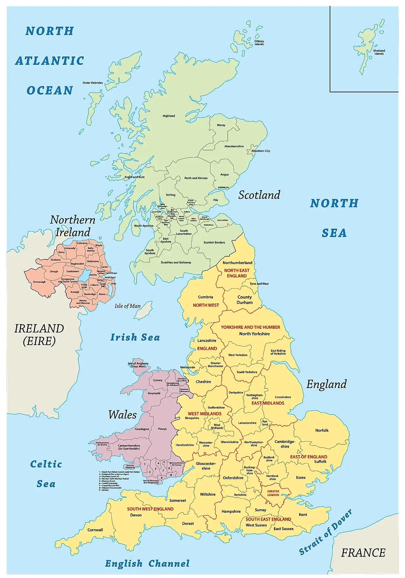 UK high resolution map with ocean and seas