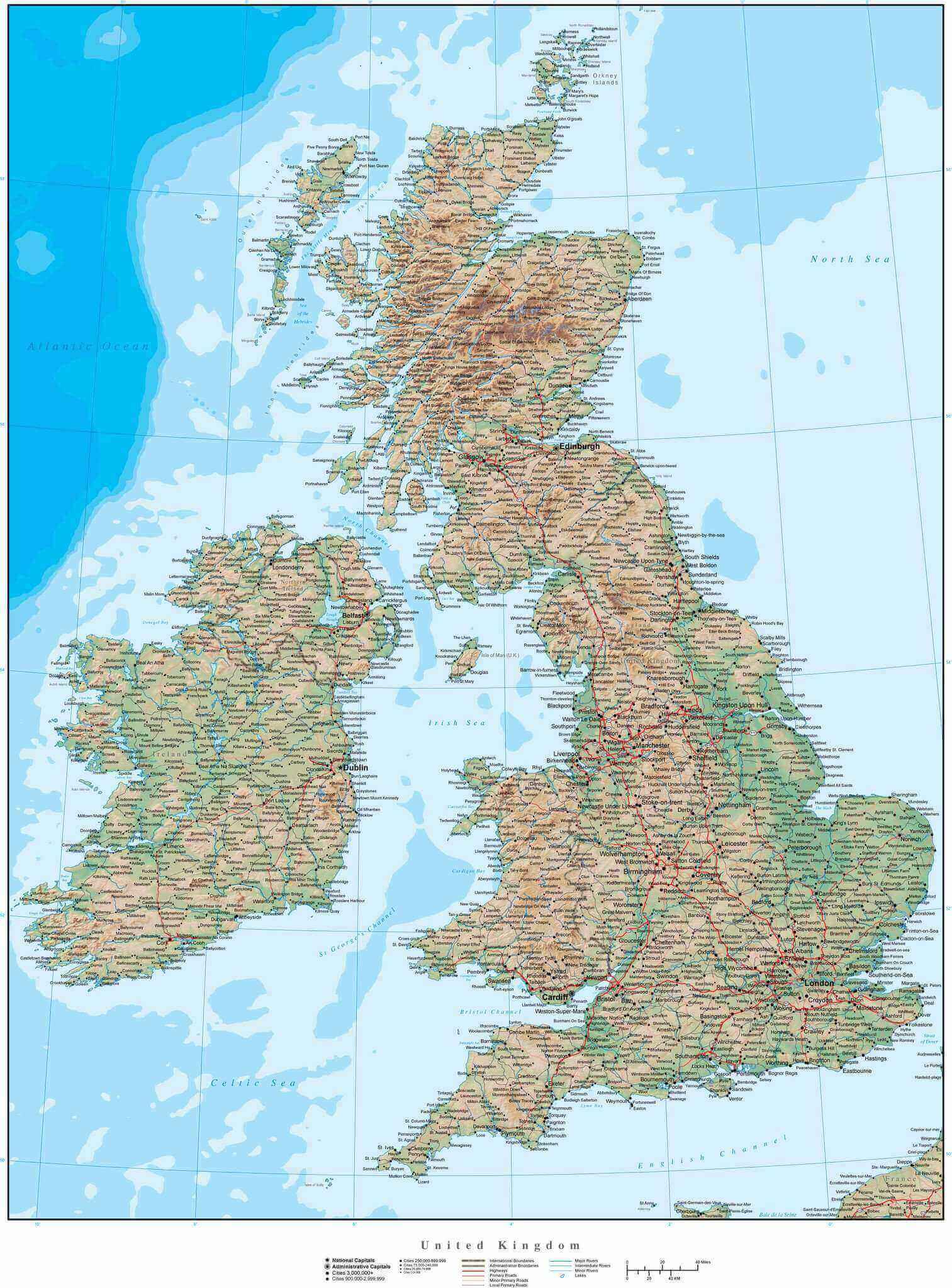 UK high resolution physical map with cities