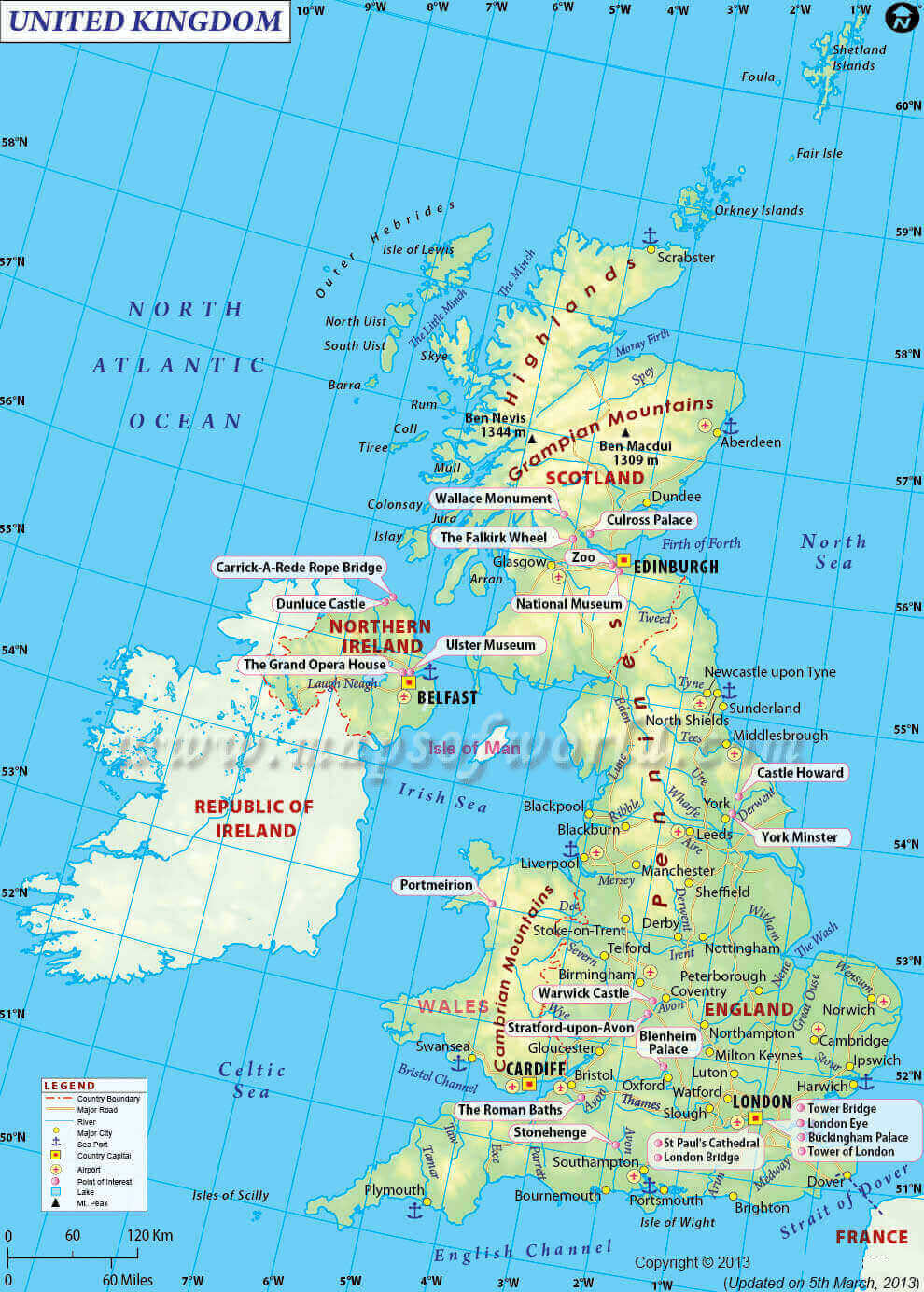 UK physical map with main cities