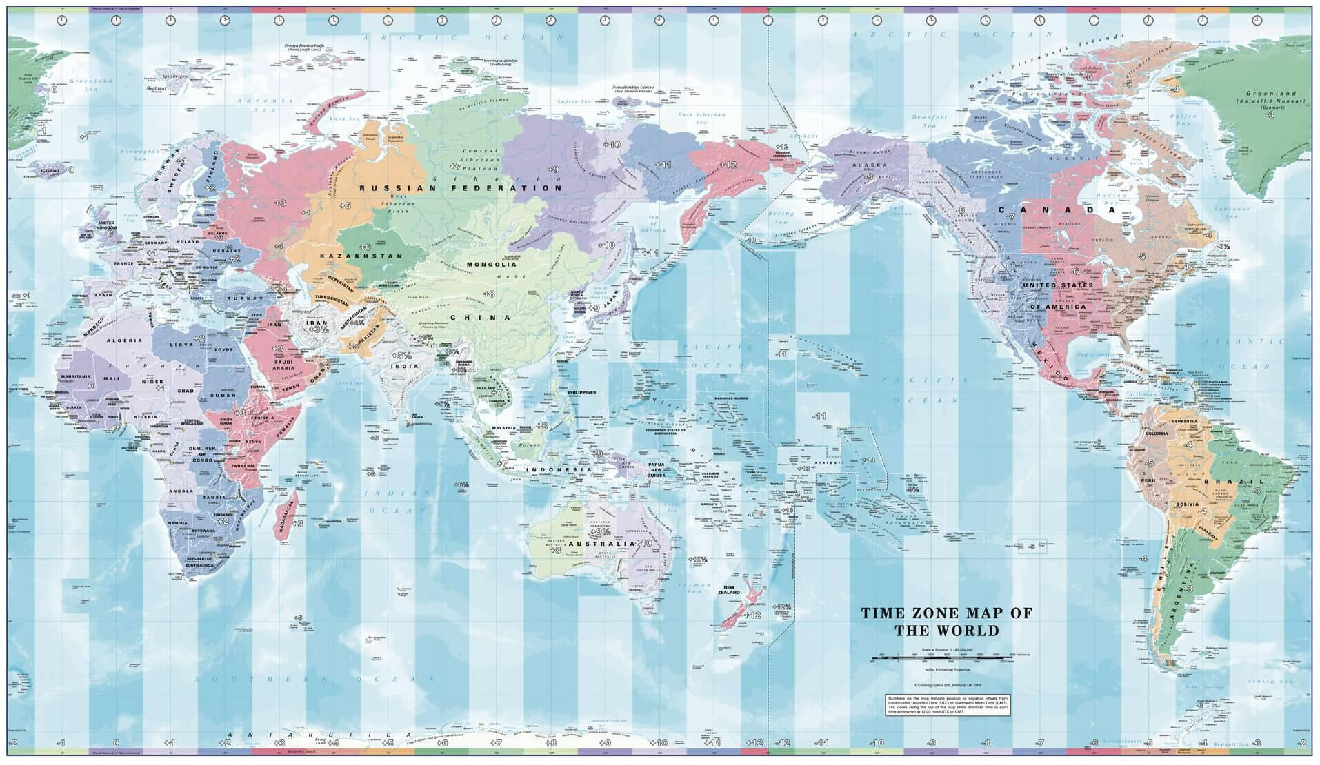 UK and Pacific centred time zone wall map