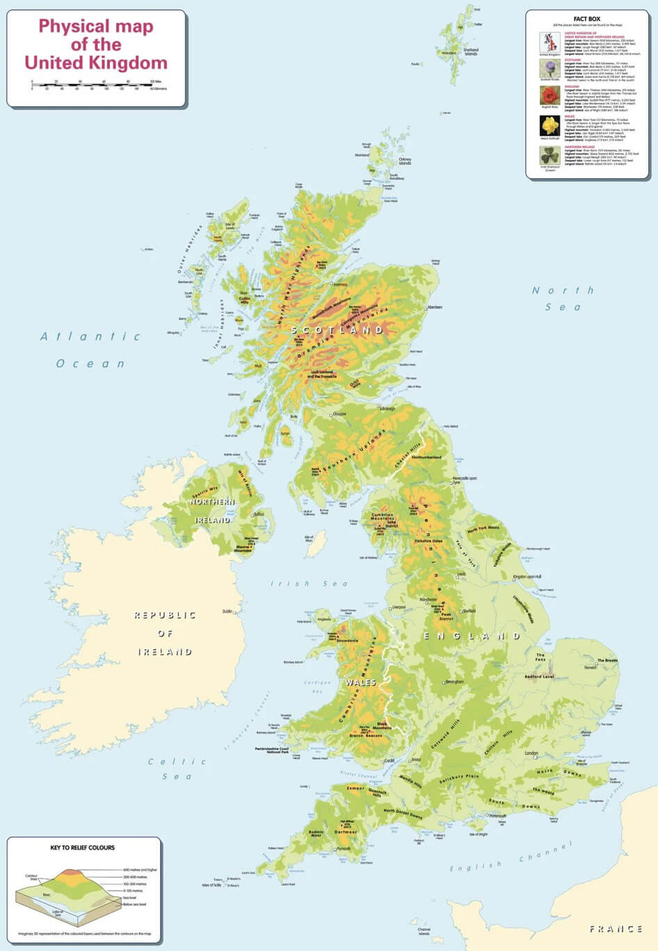 Physical map of United Kingdom with cities