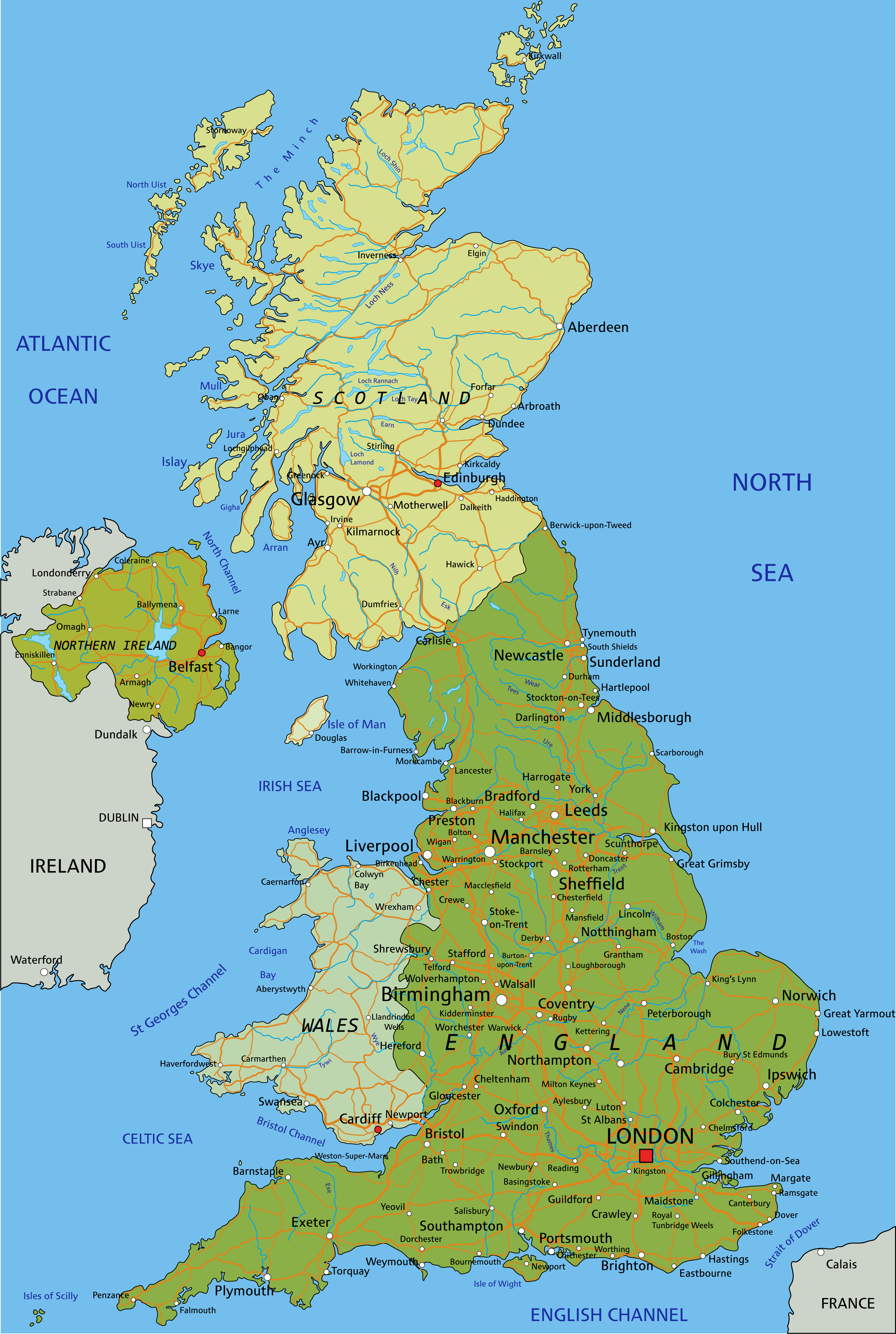 Road map of United Kingdom with largest cities