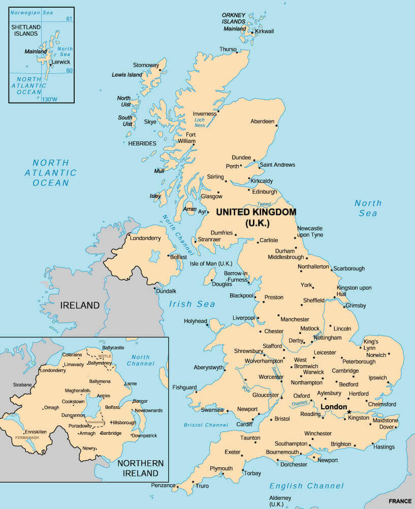 United Kingdom cities map with Scotland